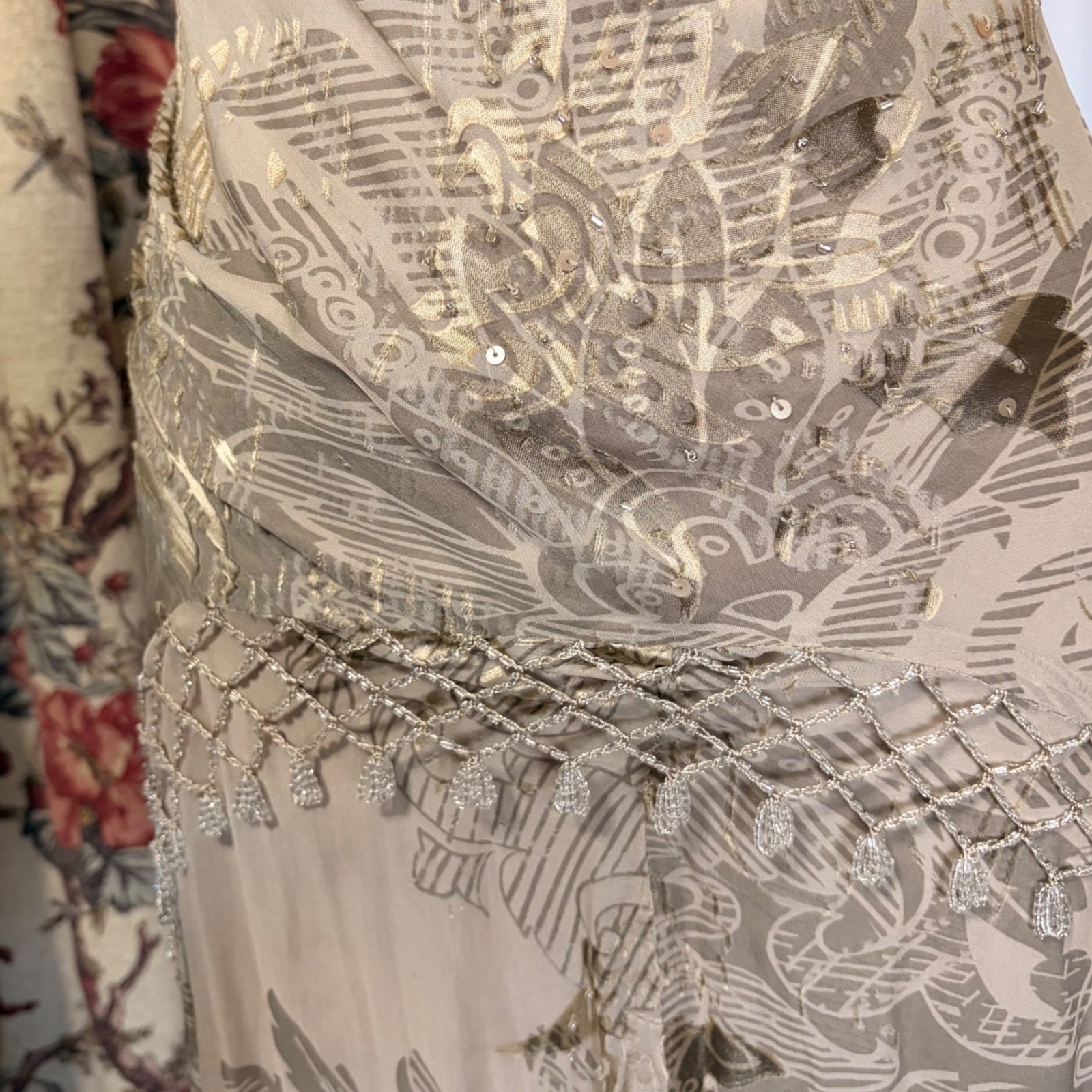 Alex Evenings Vintage Beige Floral Beaded gown with gorgeous fringe detailing