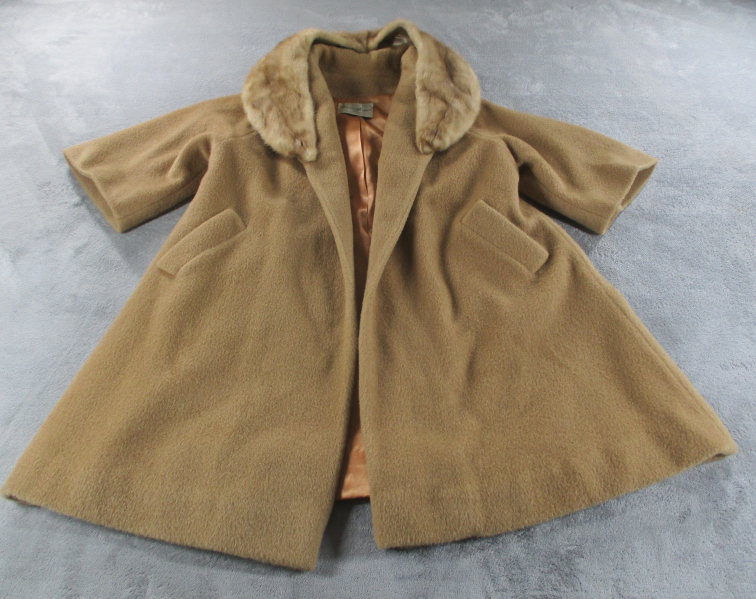 Vintage Marce Original Coat Fur Trim Brown Tan Half Sleeve 60s 50s EUC