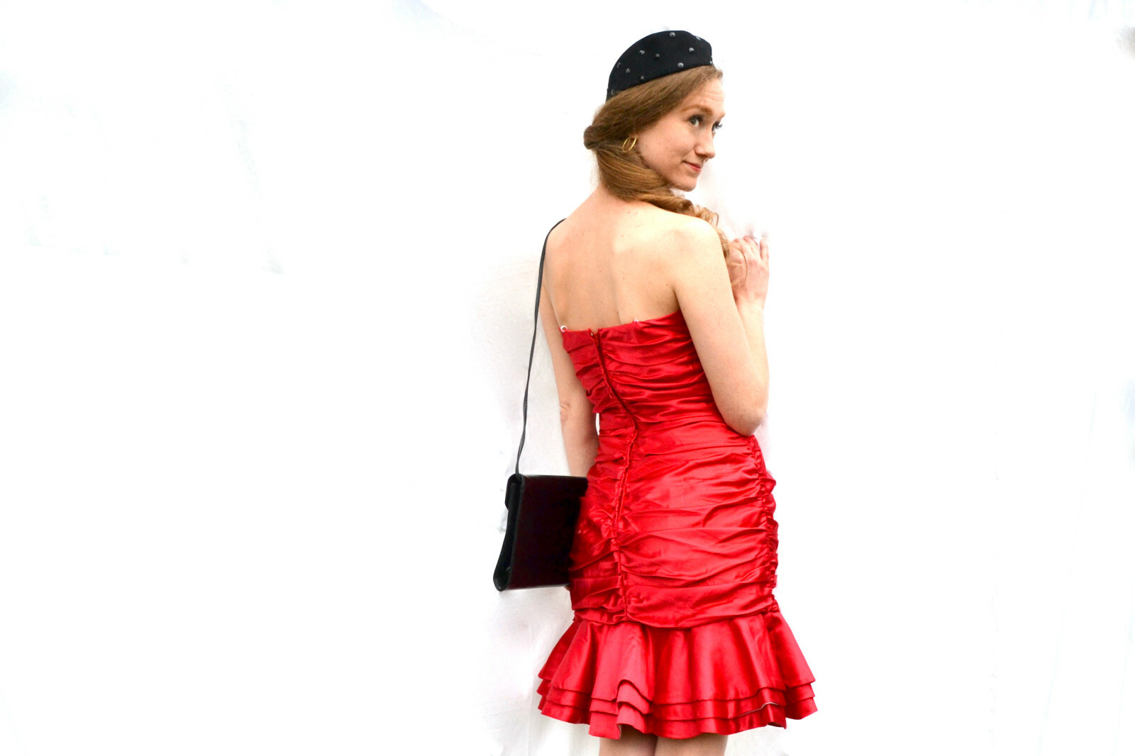 1980s Ruched Red Satin Dress Vintage Nadine Strapless Sweetheart Mermaid Ruffle