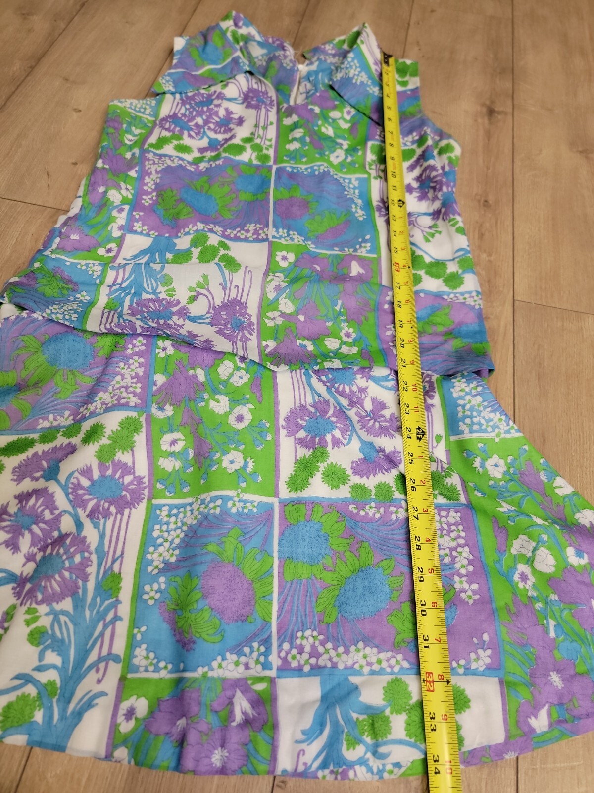 VTG ILGWU Psychedelic Green And Purple Floral Hippie Mod Gogo Retro Dress