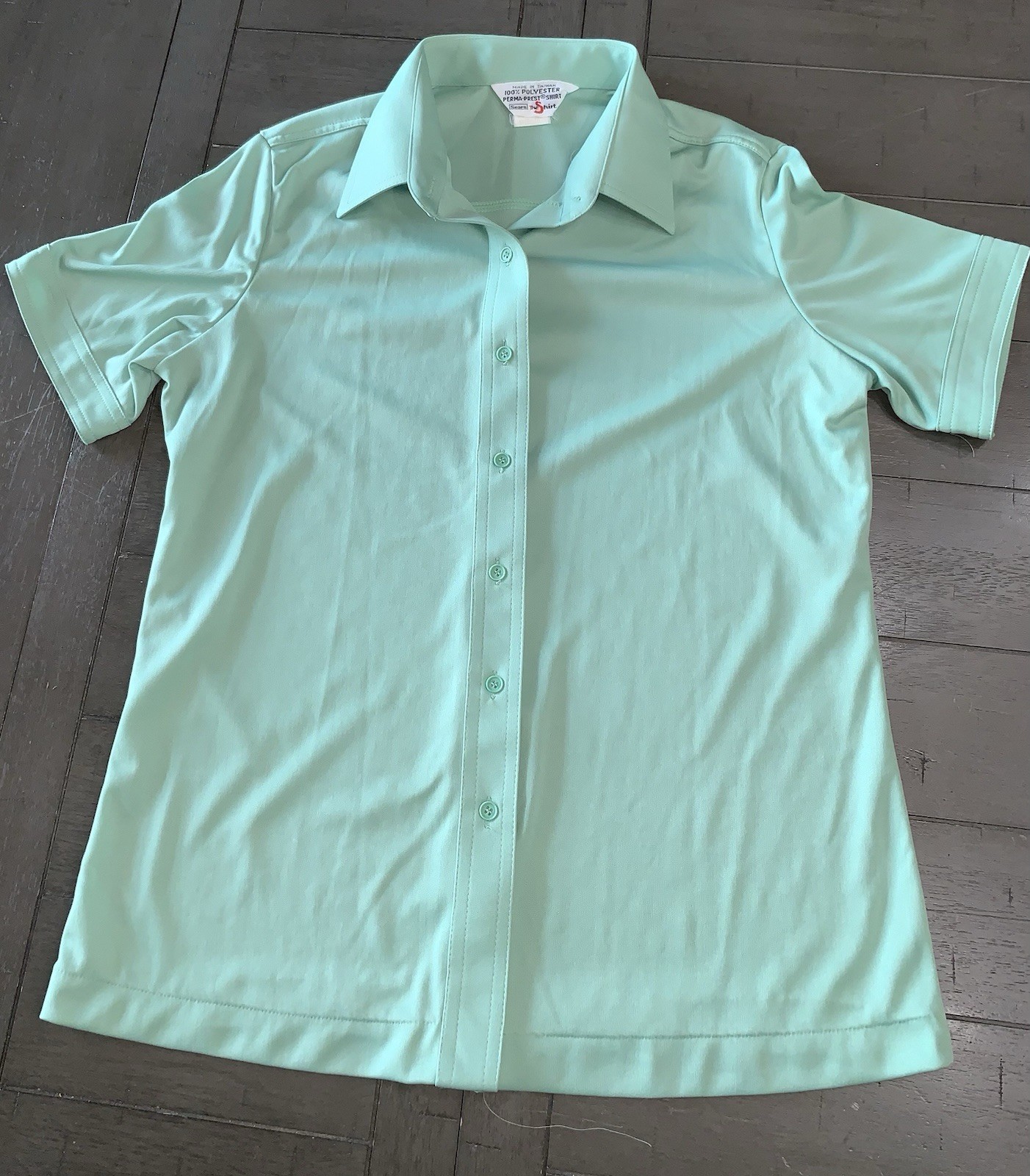 C1 80s Mint Green Button Up Blouse Short Sleeve Pointed Collar SZ 16 M/L SEARS