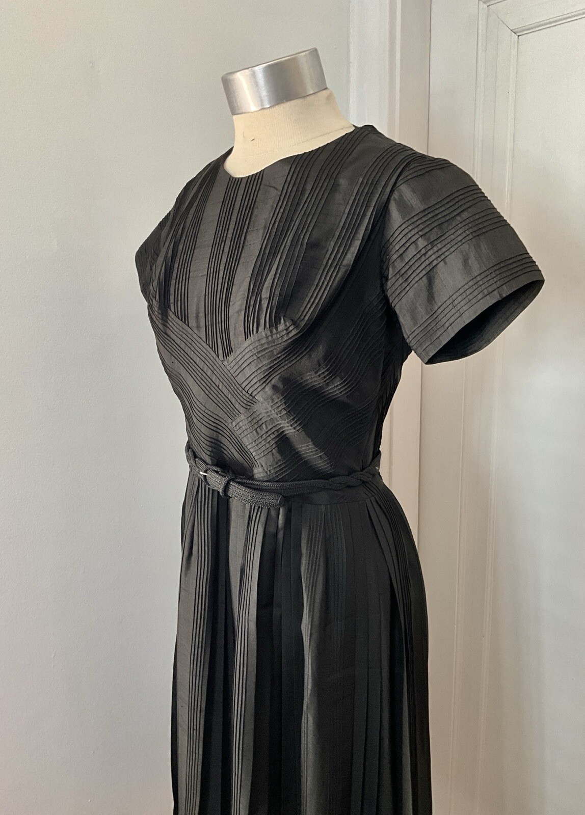 Vintage 1950’s Ceil Chapman Black Silk Shantung Dress with Pintucked Bodice