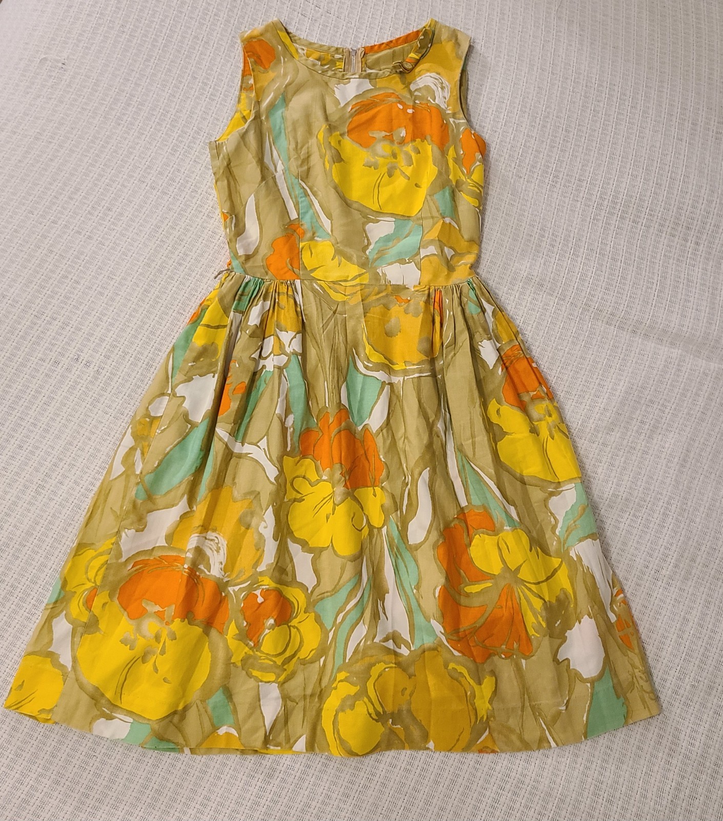 Vtg 60’s Loungecraft Original Floral Cocktail Dress XS Yellow Orange Tan Mad Men