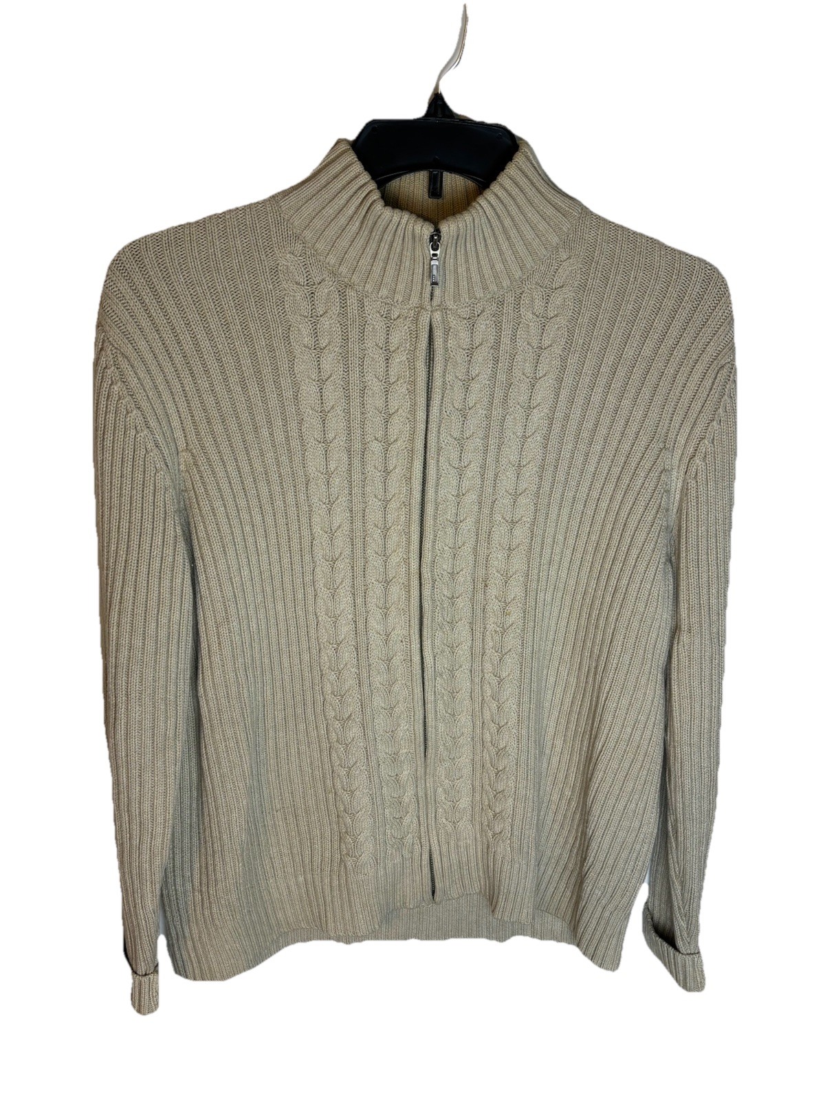 Lands End Cable Knit Full Zip Sweater Women’s 100% Cotton Large 14-16 Beige