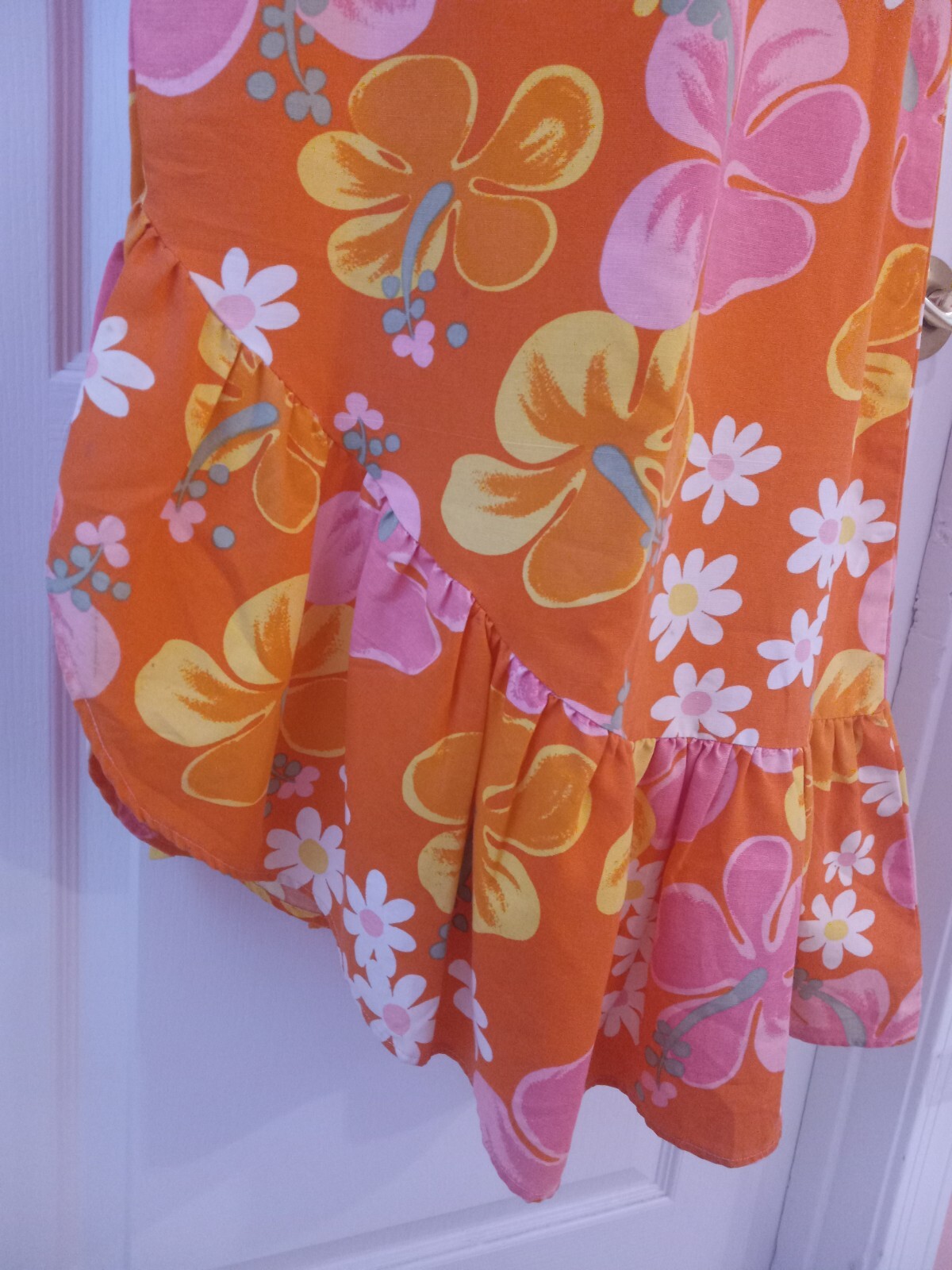 Vintage 60s Hawaiian Psychedelic Orange Floral Tiki Oasis Ruffled Skirt Dress SM