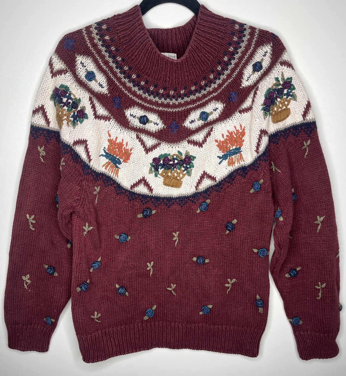 Van Heusen Hand Knitted For Her Floral Sweater Burgundy Size Small Vintage