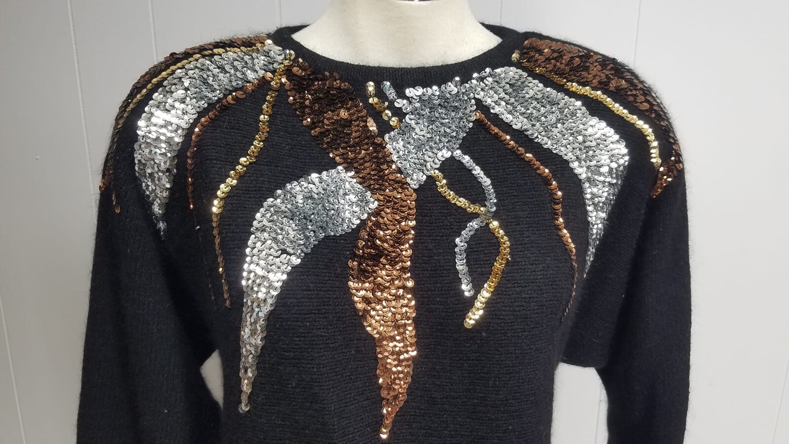 Vtg 80s Starr Flame Metallic Sequin Sweater Black Angora Blend Fuzzy S M