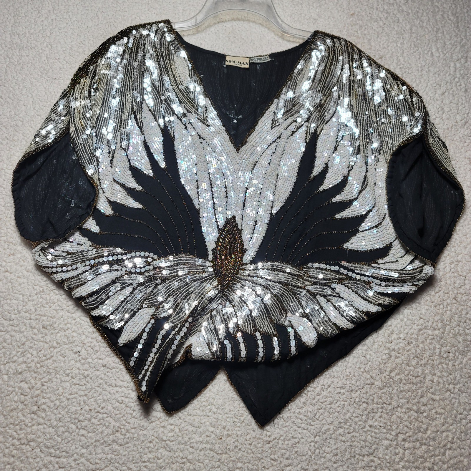 Sho-Max New York Vintage Silk Sequin Beaded Butterfly Top Art Deco Black White