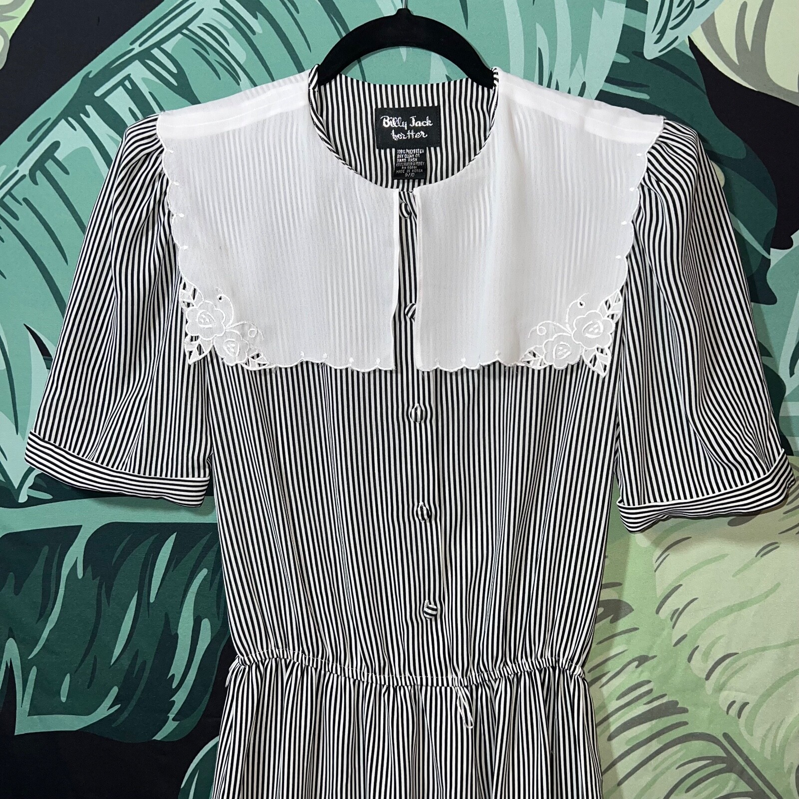 Vintage Billy Jack For Her Black & White Striped Dress Bib Collar Size 8/10