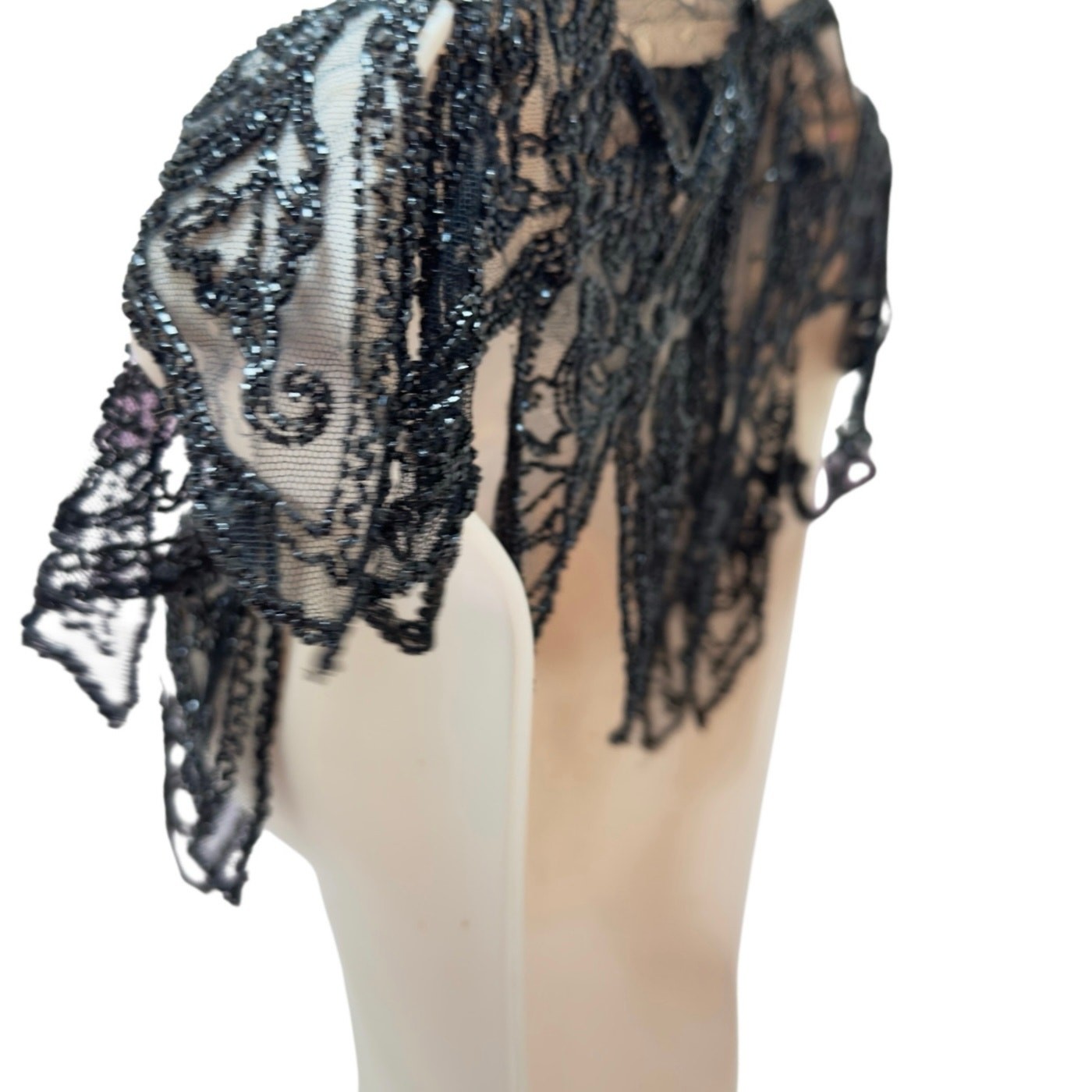 Antique Victorian French Jet Beaded Net Mantle / Capelet Mourning Attire AS IS