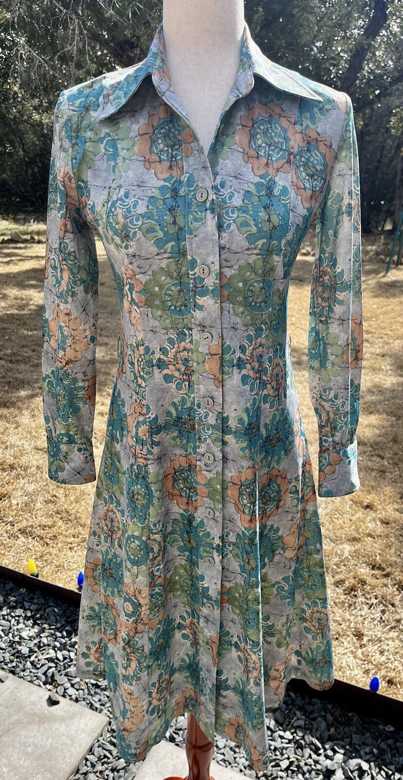 Homemade Paisley Green Long Sleeve Dress 1970s Style Vintage? 30 Waist 35 Bust