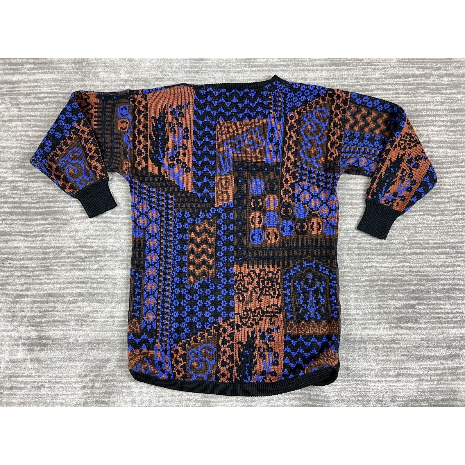 Partners by Mervyns Sweater Women Medium Blue Brown Vintage Patchwork V-Neck 80s