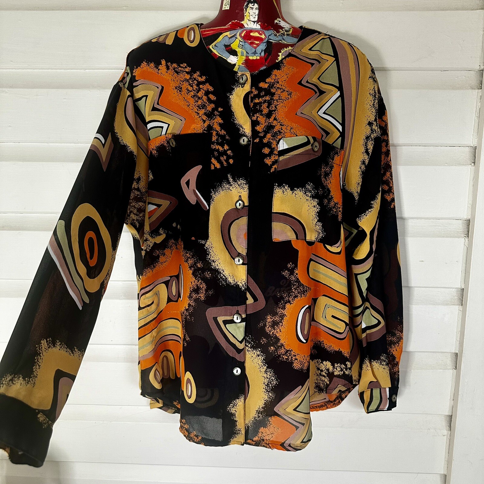 Tres Beau Woman’s Top Size 14 Bust 90cm Vintage Orange Geometrical Long Sleeves