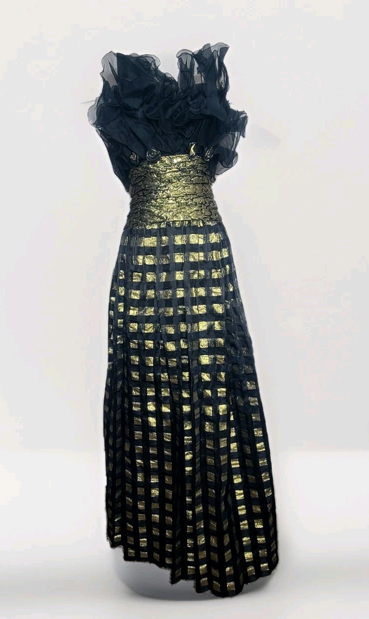 Vtg Eugene Alexander Black Gold Evening Formal Maxi Pleated Ruffle Top Dress 4
