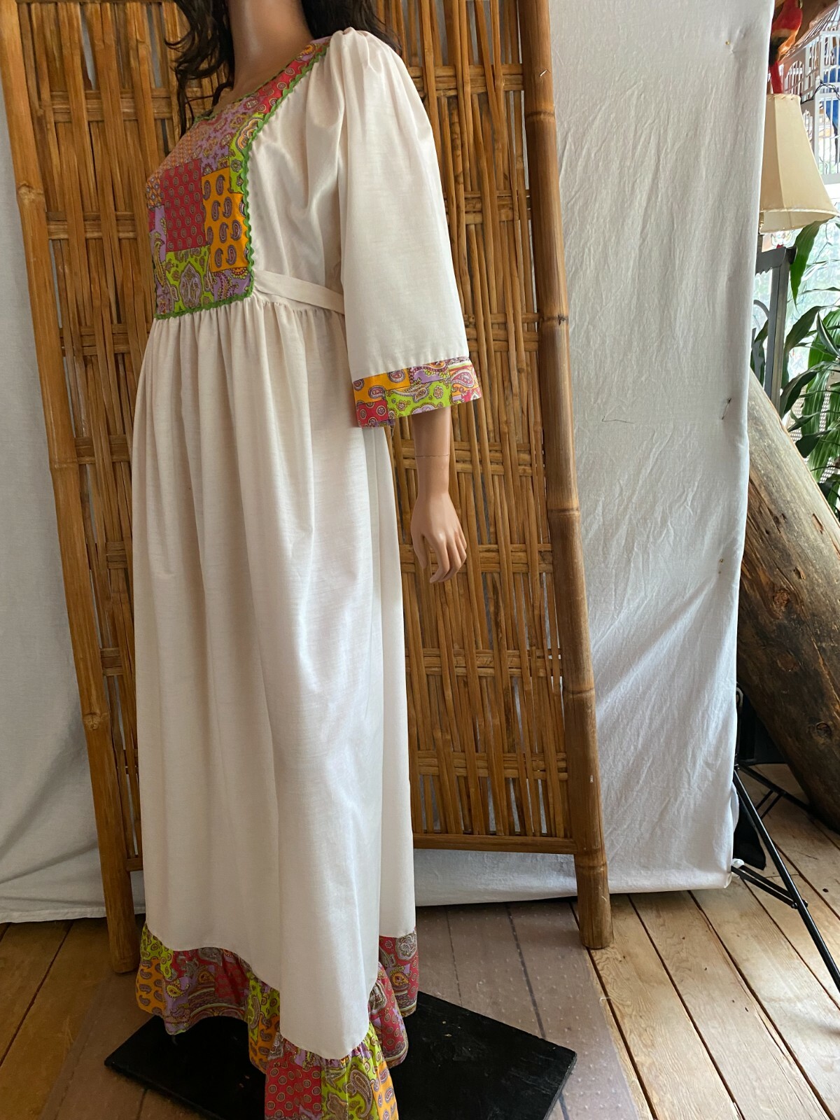 VTG 60s Maxi Dress Cream & Psychedelic Waist Ties 3/4 Wide Sleeve Hippy Boho S/M