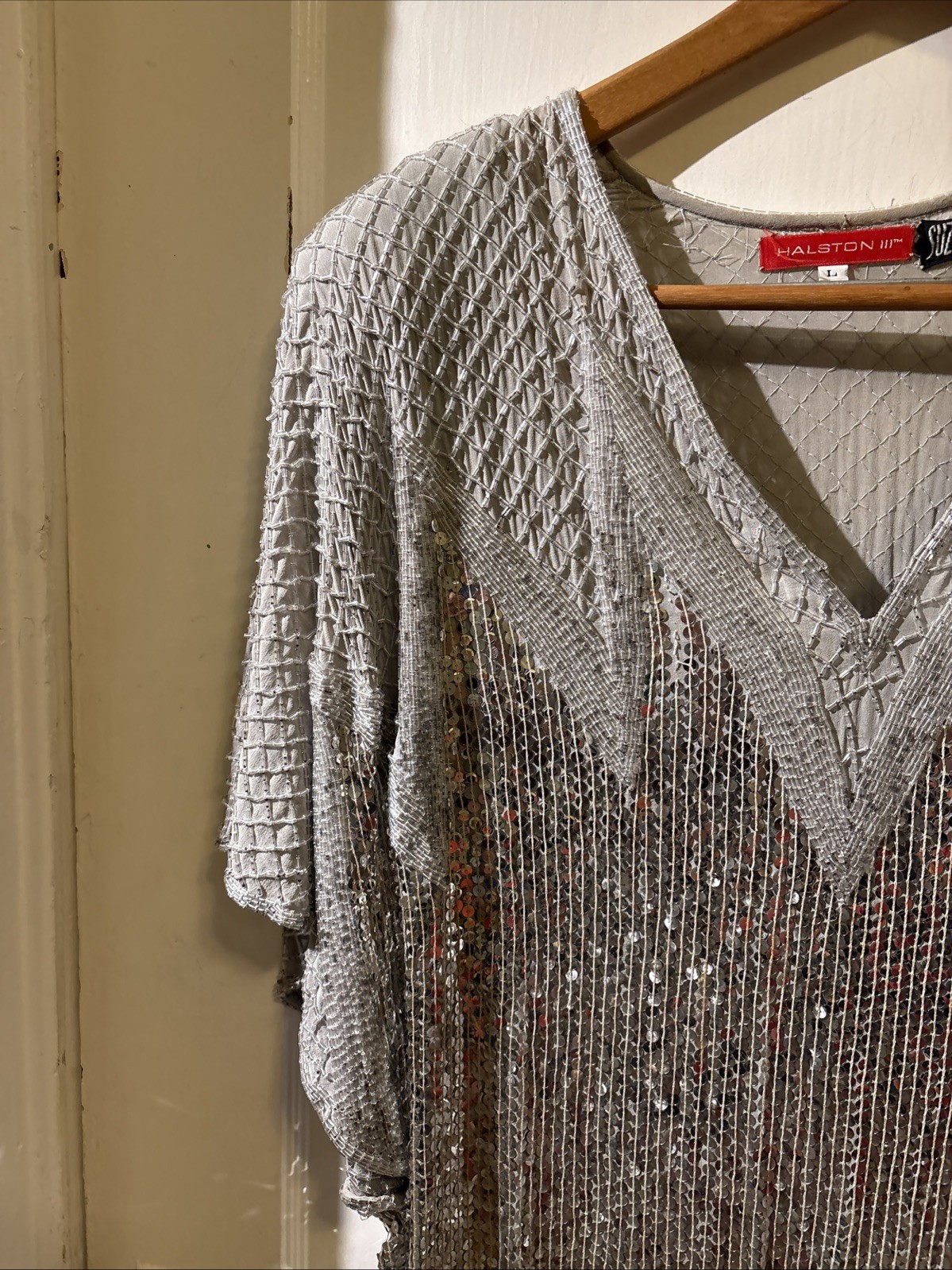 Halston III Vintage 80s Silk Sequin Beaded Silver Dress Size L
