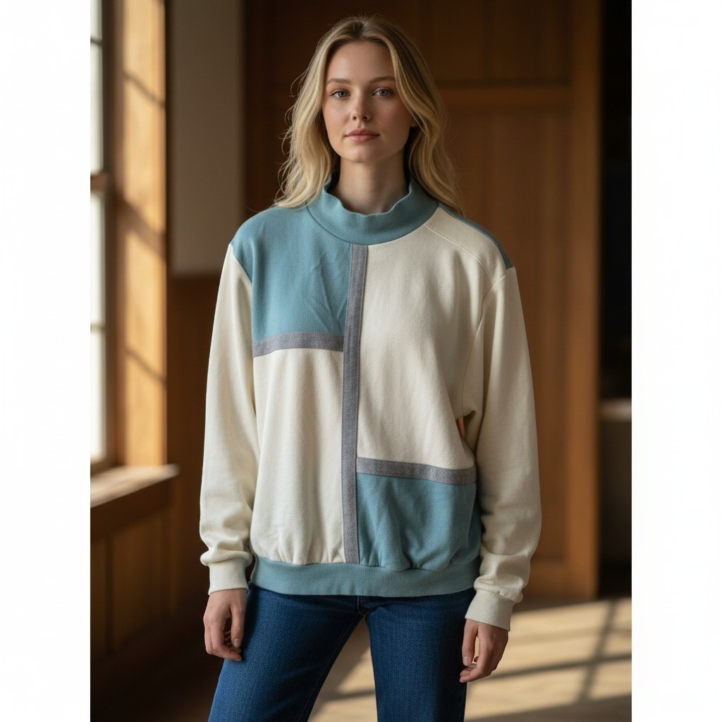 Alfred Dunner Pullover Top Medium Teal Cream Excellent Vintage Colorblock Mock