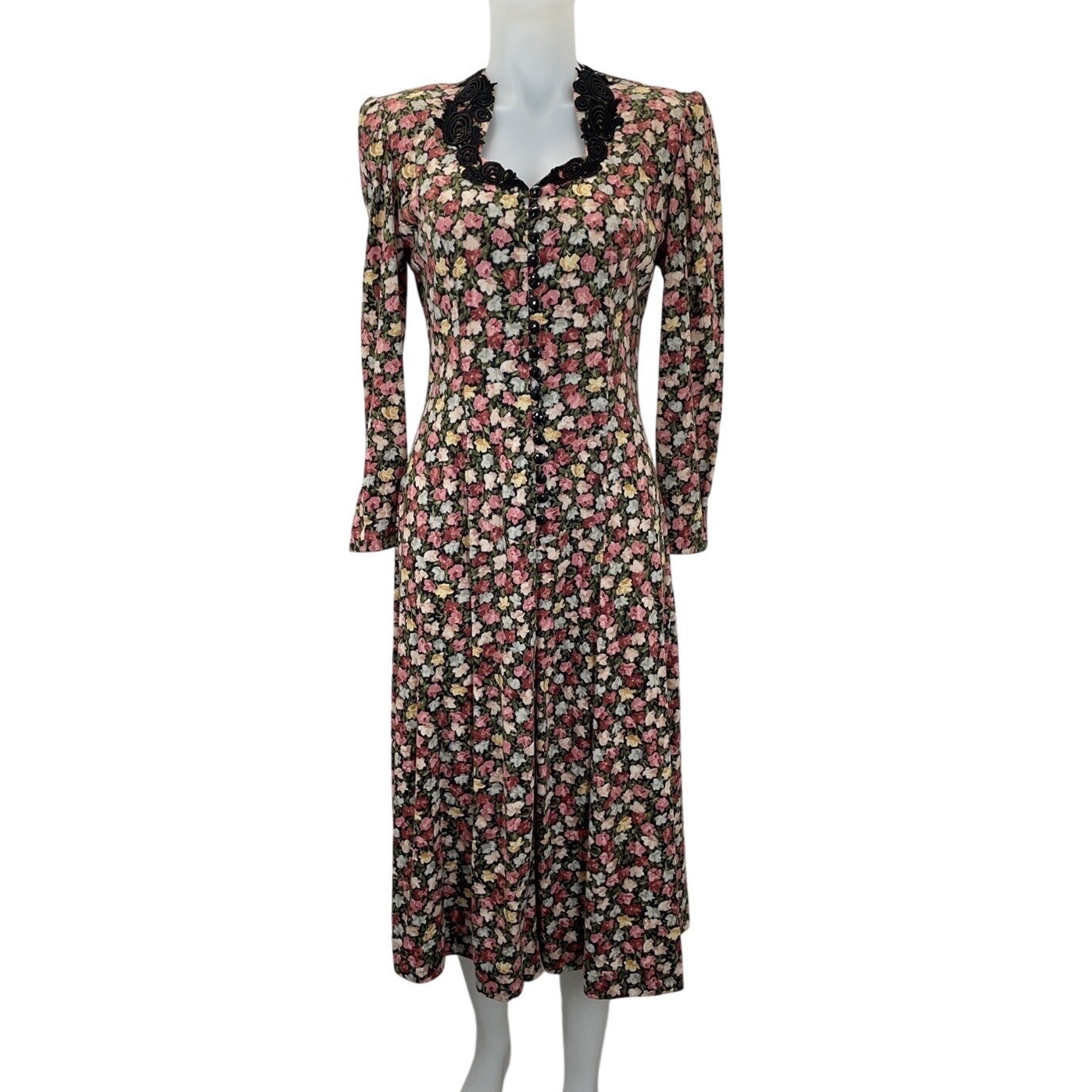 VTG 80s Dress Floral Knit Midi Cottagecore Victorian Women’s EXPO SZ 6