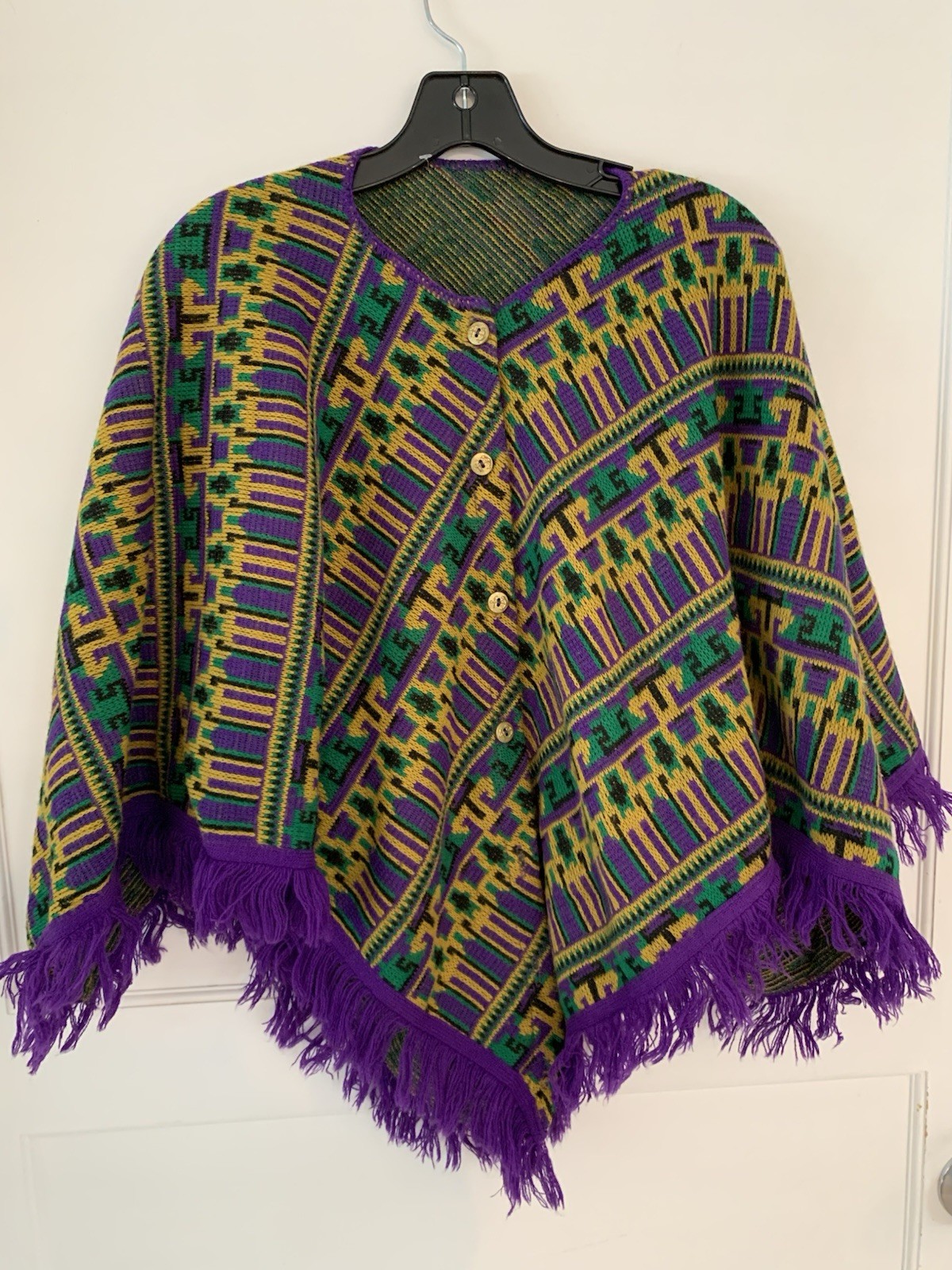 Vintage Poncho AOP Purple, Mustard, Green & Black W/ Fringe