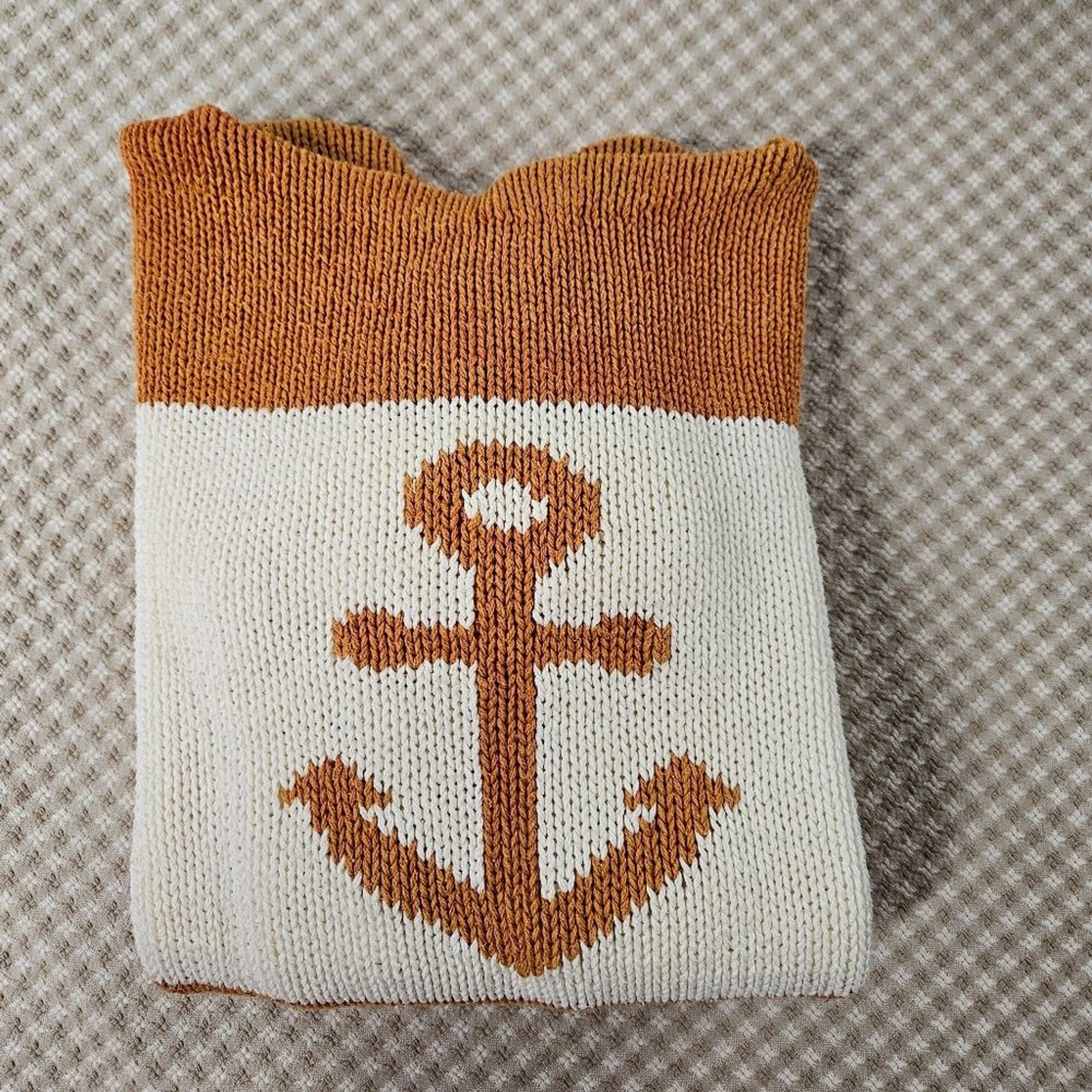 J.G. Hook Vintage Nautical Anchor Rust Cream Stripe Boatneck Cotton Knit Sweater