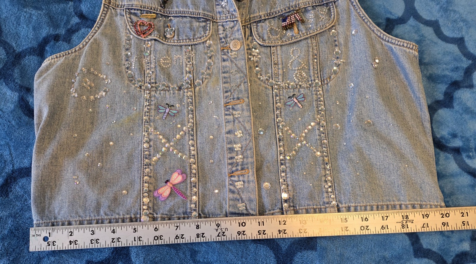 Vtg Old Navy Large Womens Jeans Vest Diva Patches Jeweled Pins Biker Vest