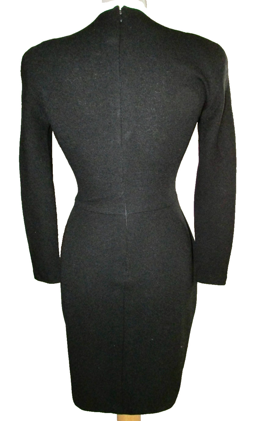 Vintage 90’s Donna Karan Black Wool Long Sleeve Dress Pleat Front 4