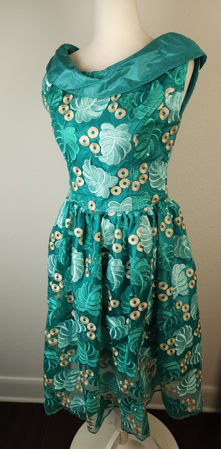 Vintage 1960s Tiki Lounge Cocktail Dress Handmade Hawaiian Resortwear Teal