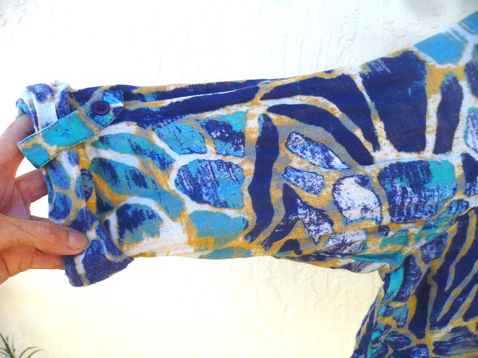 VTG 90S CORAL BAY PETITE L COTTON ANIMAL TIGER PRINT TEAL BLUE BUTTON UP BLOUSE