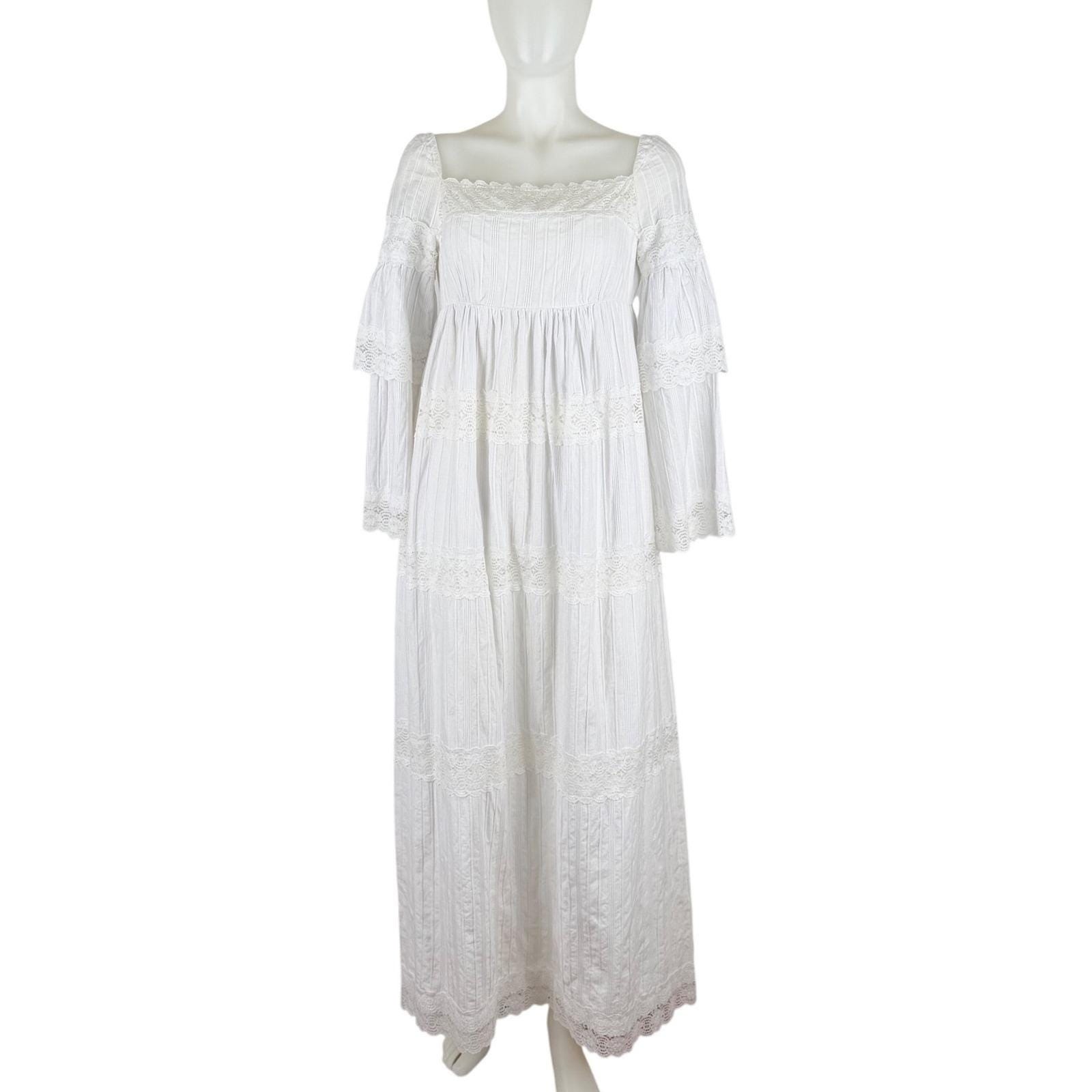 Vintage 70s White Maxi Dress Pleated Cotton Boho Wedding Cottagecore Size S