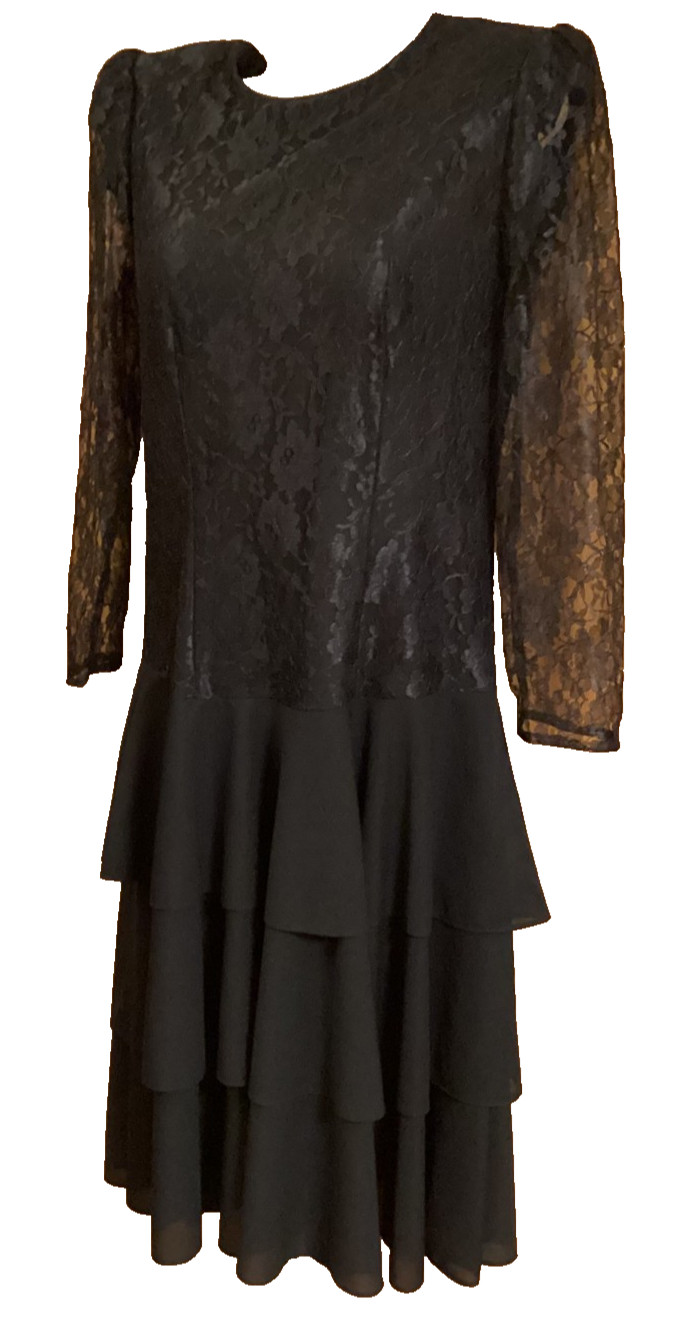 Vintage T&F Black Lace Women’s Dress Layered Skirt Calf Length Padded Shoulders