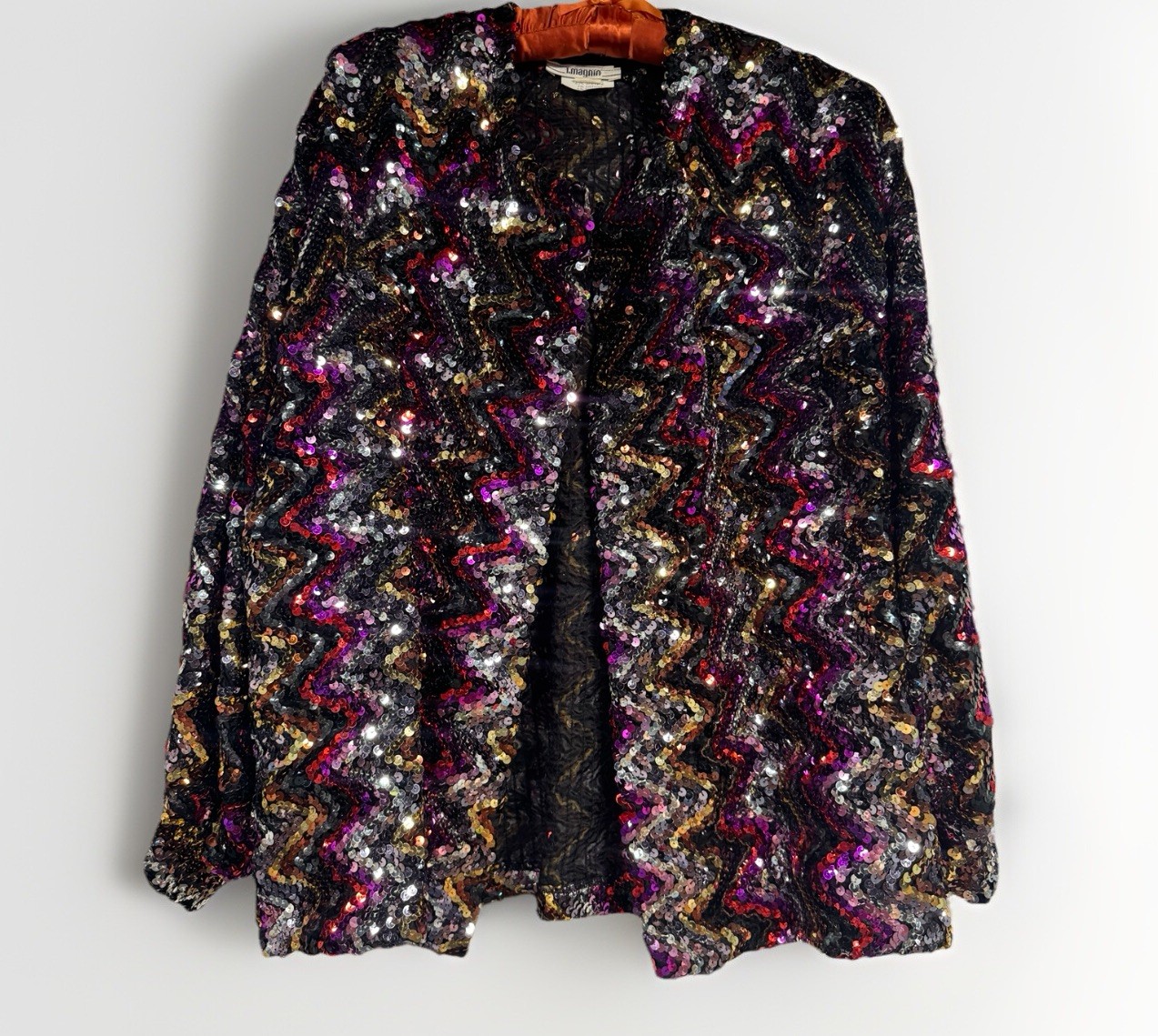 70’s Disco Rainbow Sequin Jacket Open Front Women Size Large Vintage I.Magnin