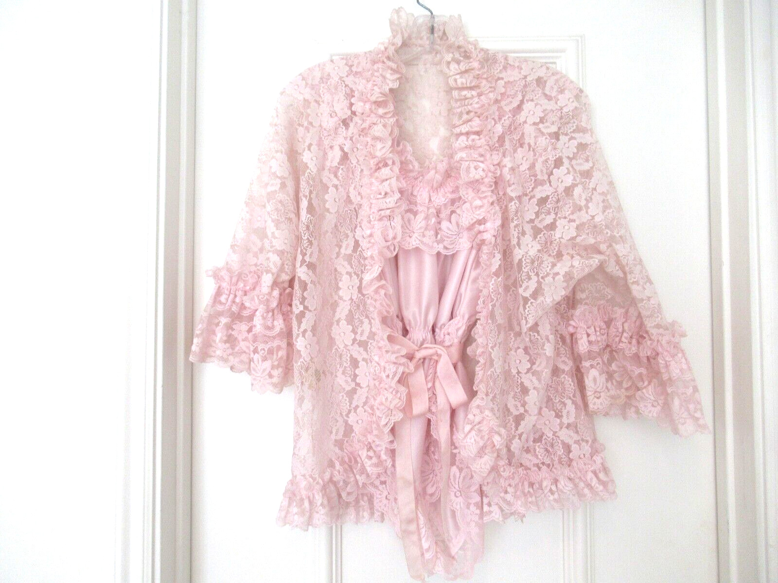 DELORES Poirette ILGWU Pink Silky Lace Teddy Romper Bodysuit Cover-up Small NEW