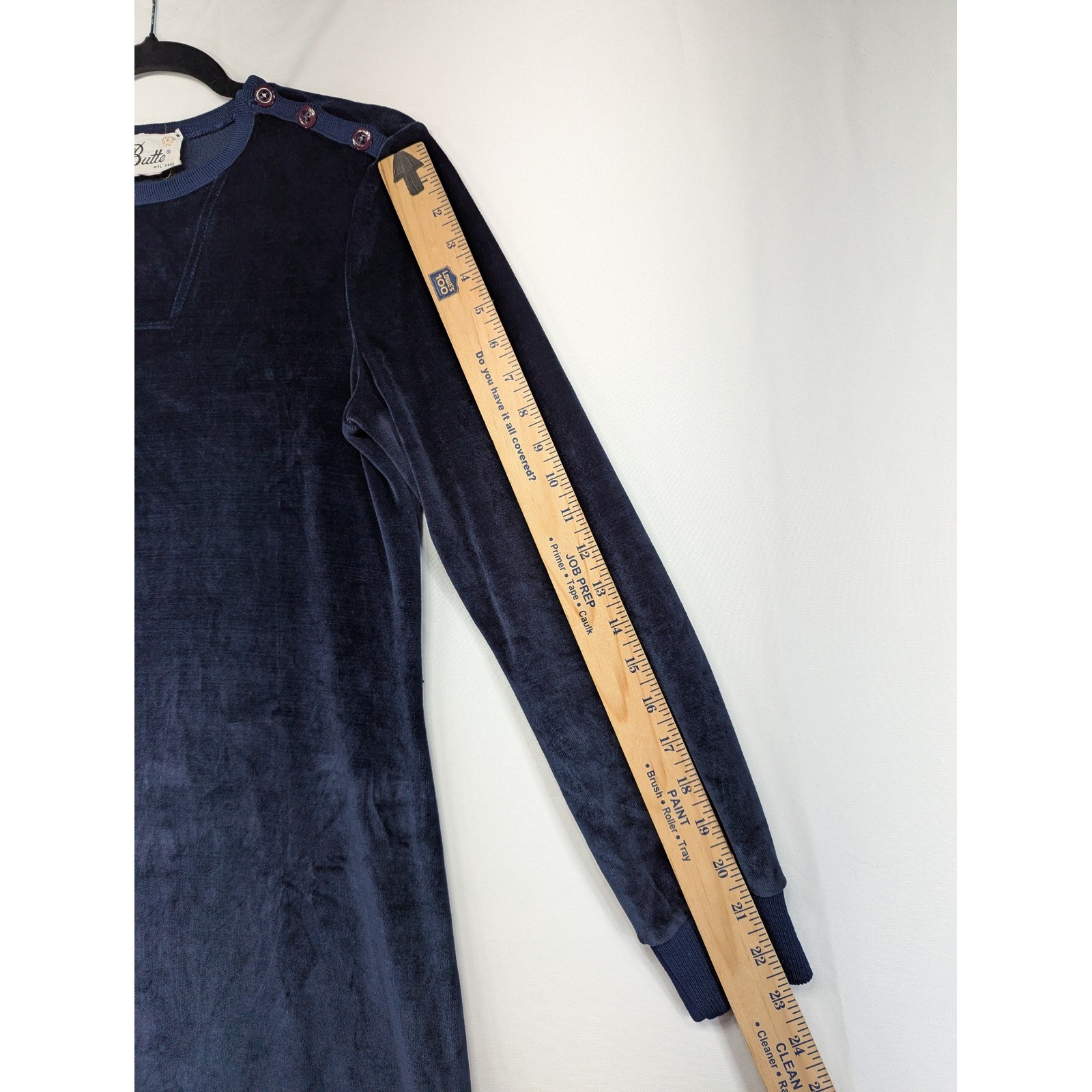Vintage Butte Navy Blue Velour Midi Dress Long Sleeve Button Shoulder Retro S