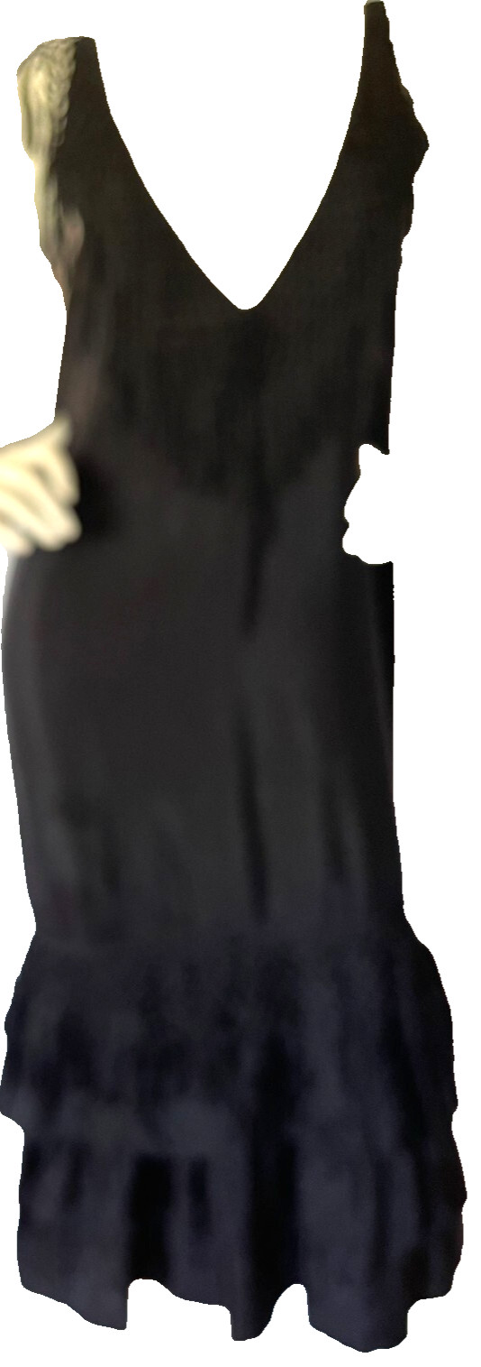 Black Silk Satin 1920 Flapper Sleeveless Dress W/ Fringe Four /Ruffles at Hem