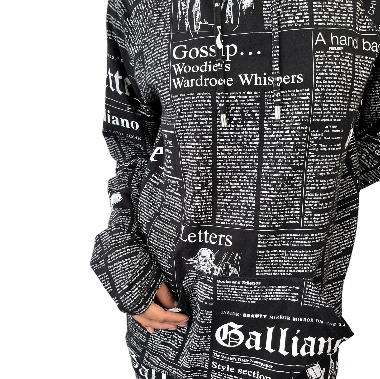 John Galliano Vintage Newspaper Print Hoodie Top Pants Set #XS Black 902549