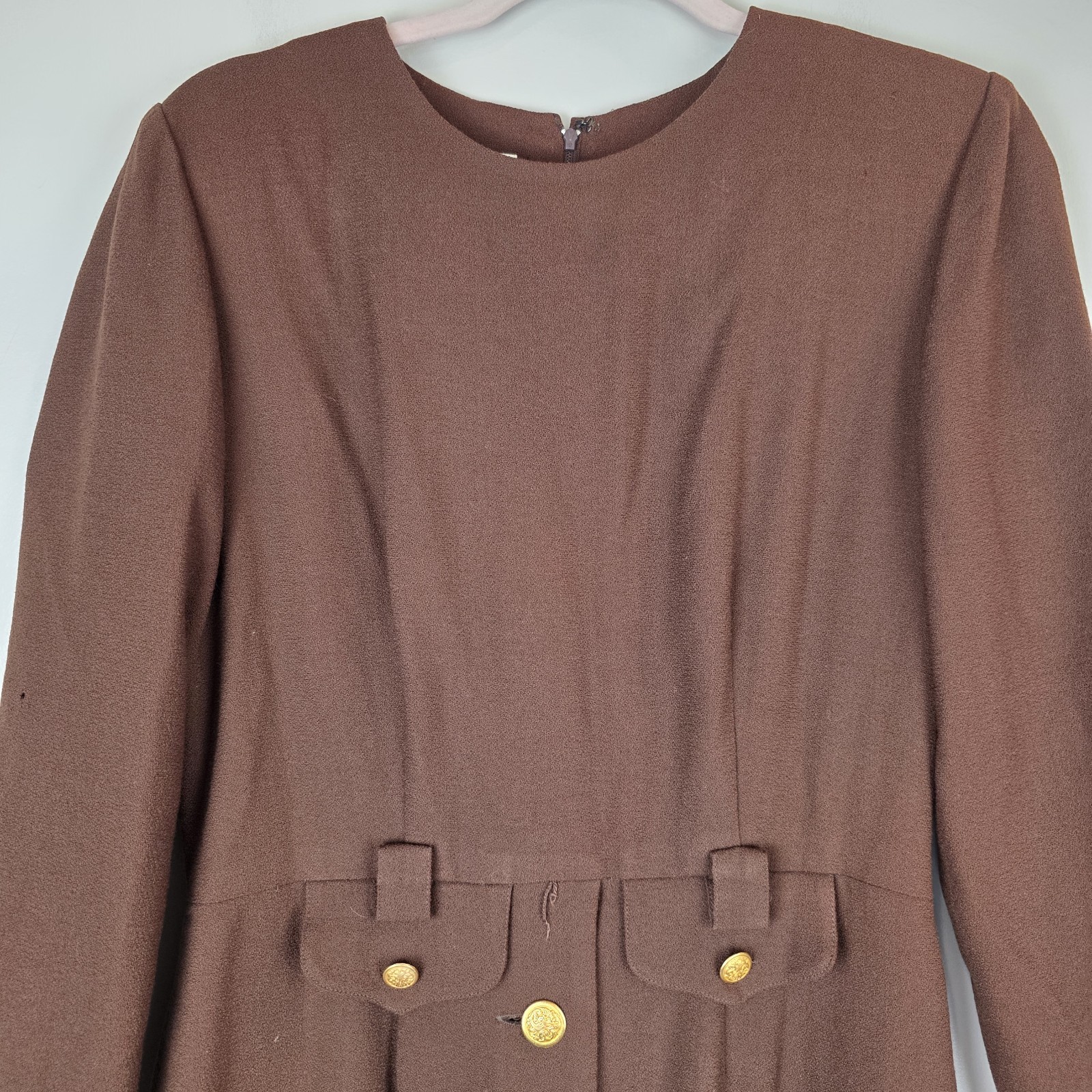 Vintage Oberon Wool Mocca Brown Dress Gold Buttons Desinging Women Sz 6.D168