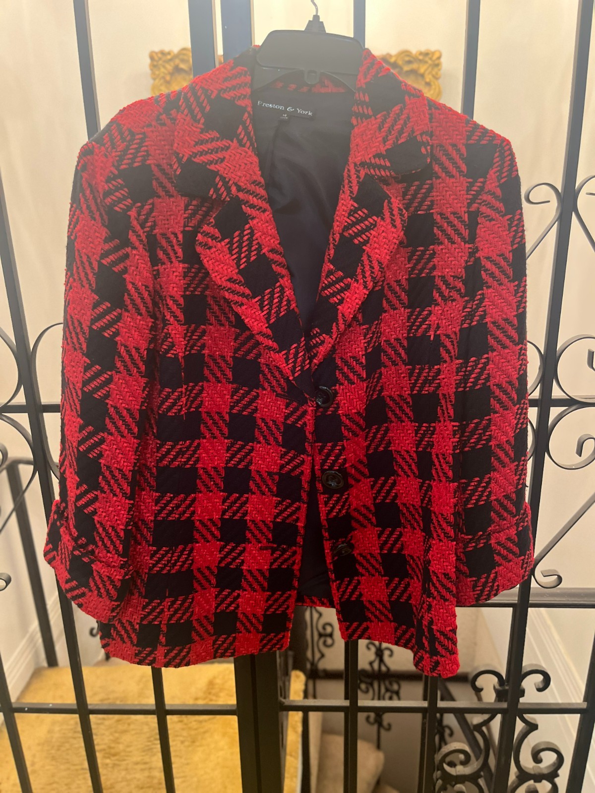 Preston & York Red & Black Plaid Wool Blazer | Cuffed Sleeve | Size 14 | Profess