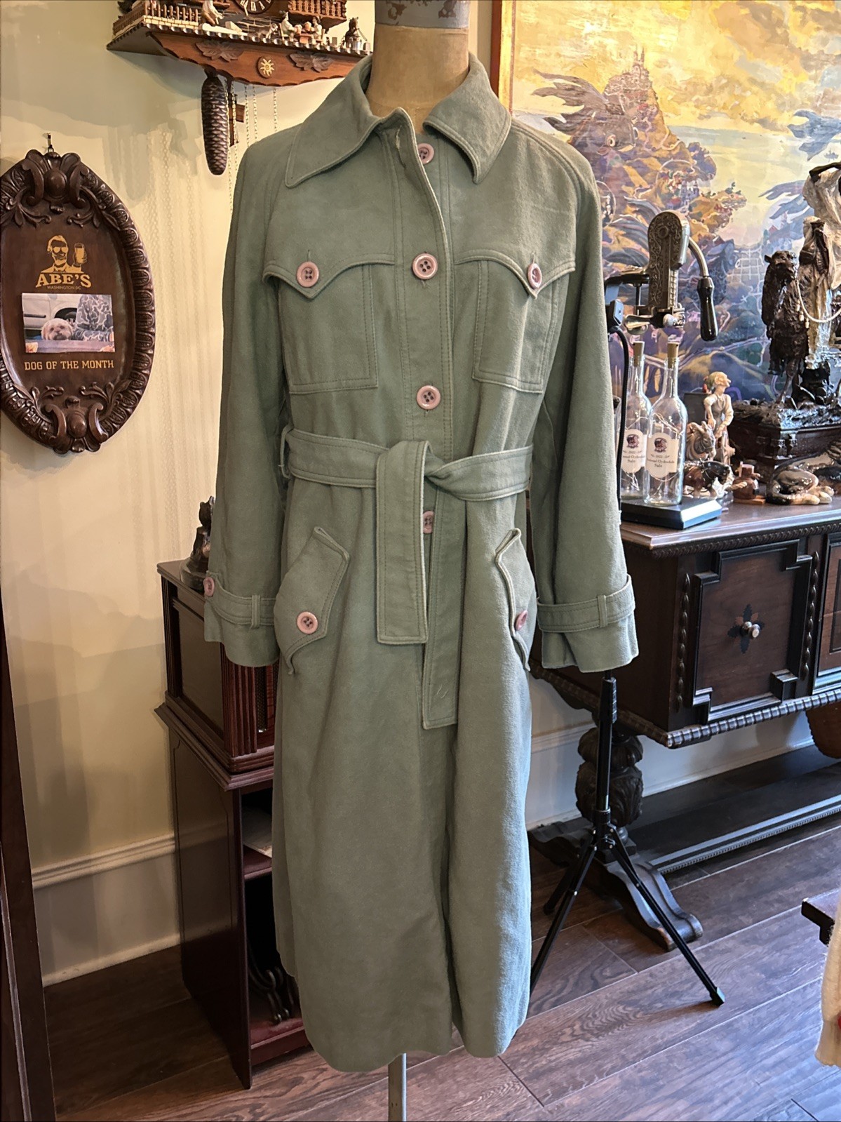 1970’s Outer Banks By Jerold Sage Green Suede Cloth Belted Trench Coat Sz S