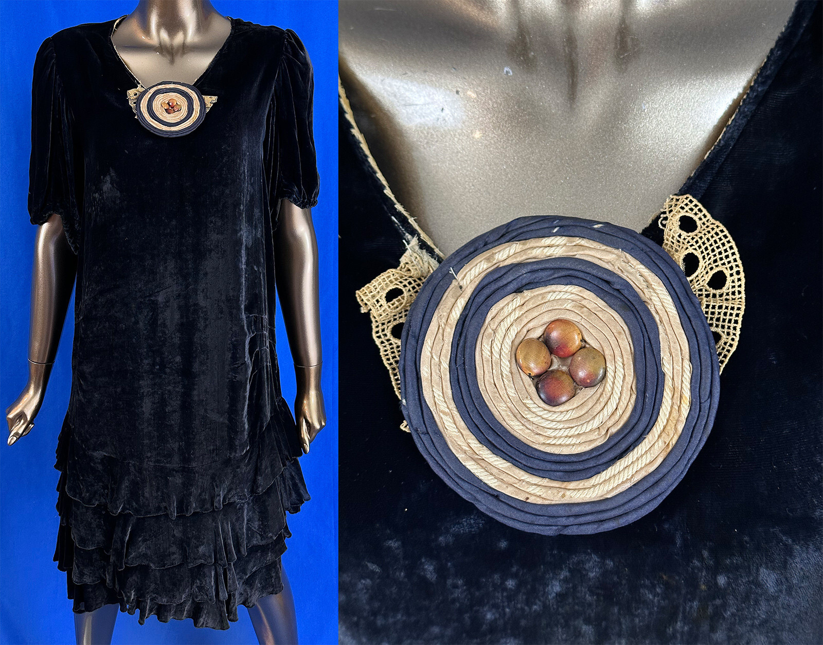 Vintage Art Deco Midnight Blue Velvet Ruffled Skirt Applique Drop Waist Dress