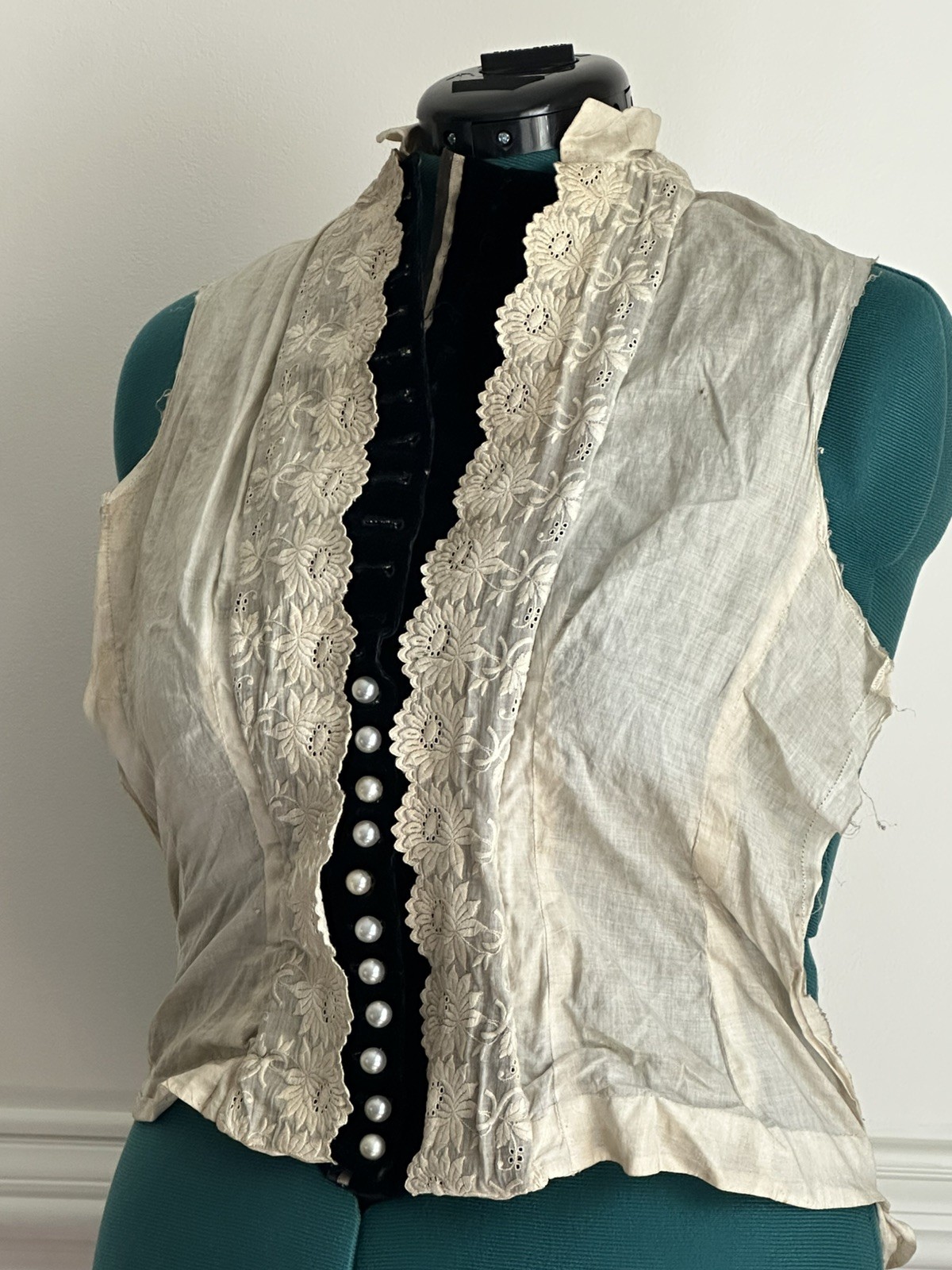 Antique Edwardian Victorian Under Bodice Dickie Lace Vest Black Velvet Pearl