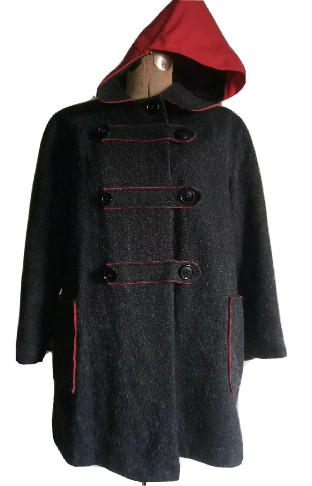 VTG 50s Gray Duffle Coat w/ SCARLET RED COUDEROY TRIM, Hood & Patch Pockets M