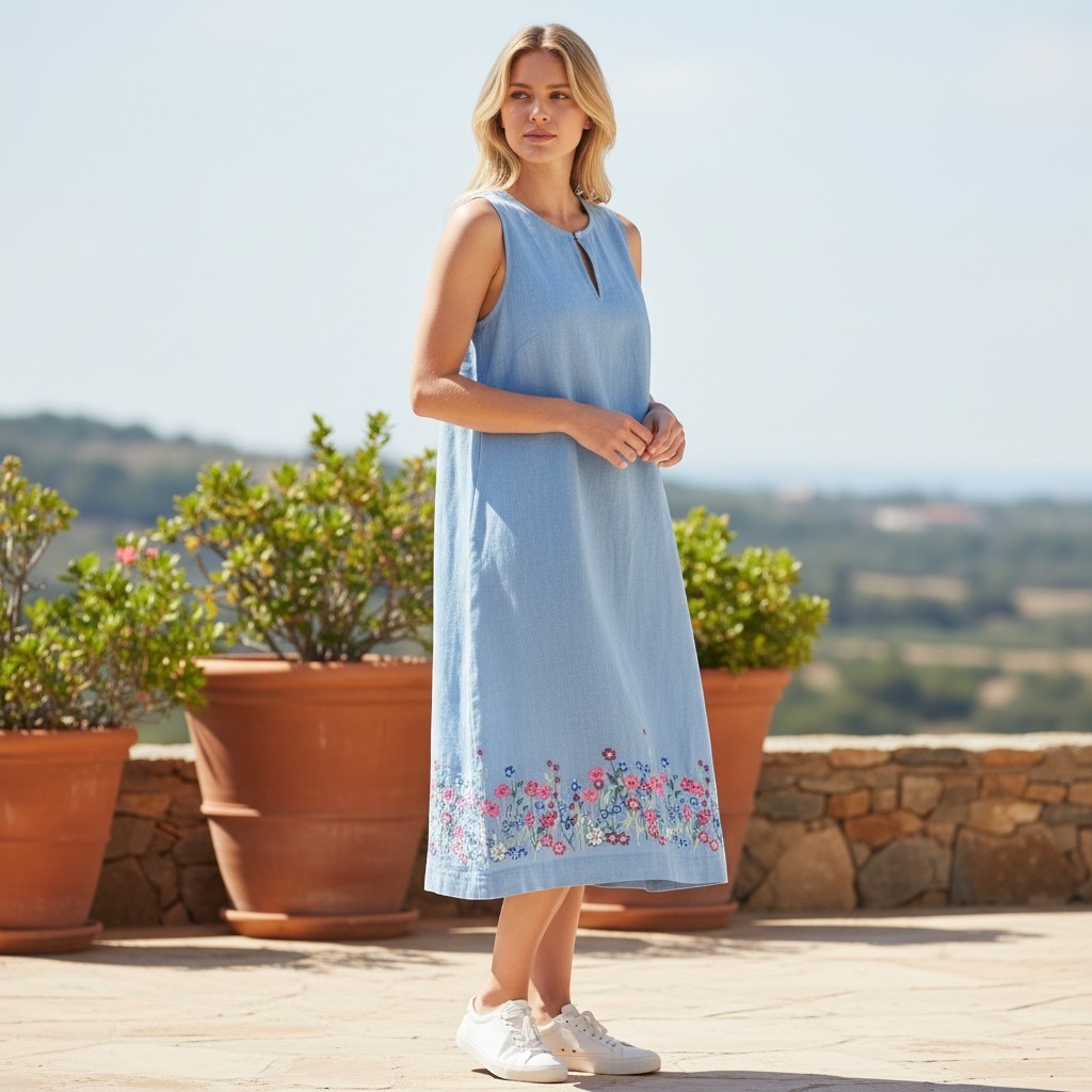 VINTAGE Linen Blend Floral Embroidered Dress soft blue intricate embroidery