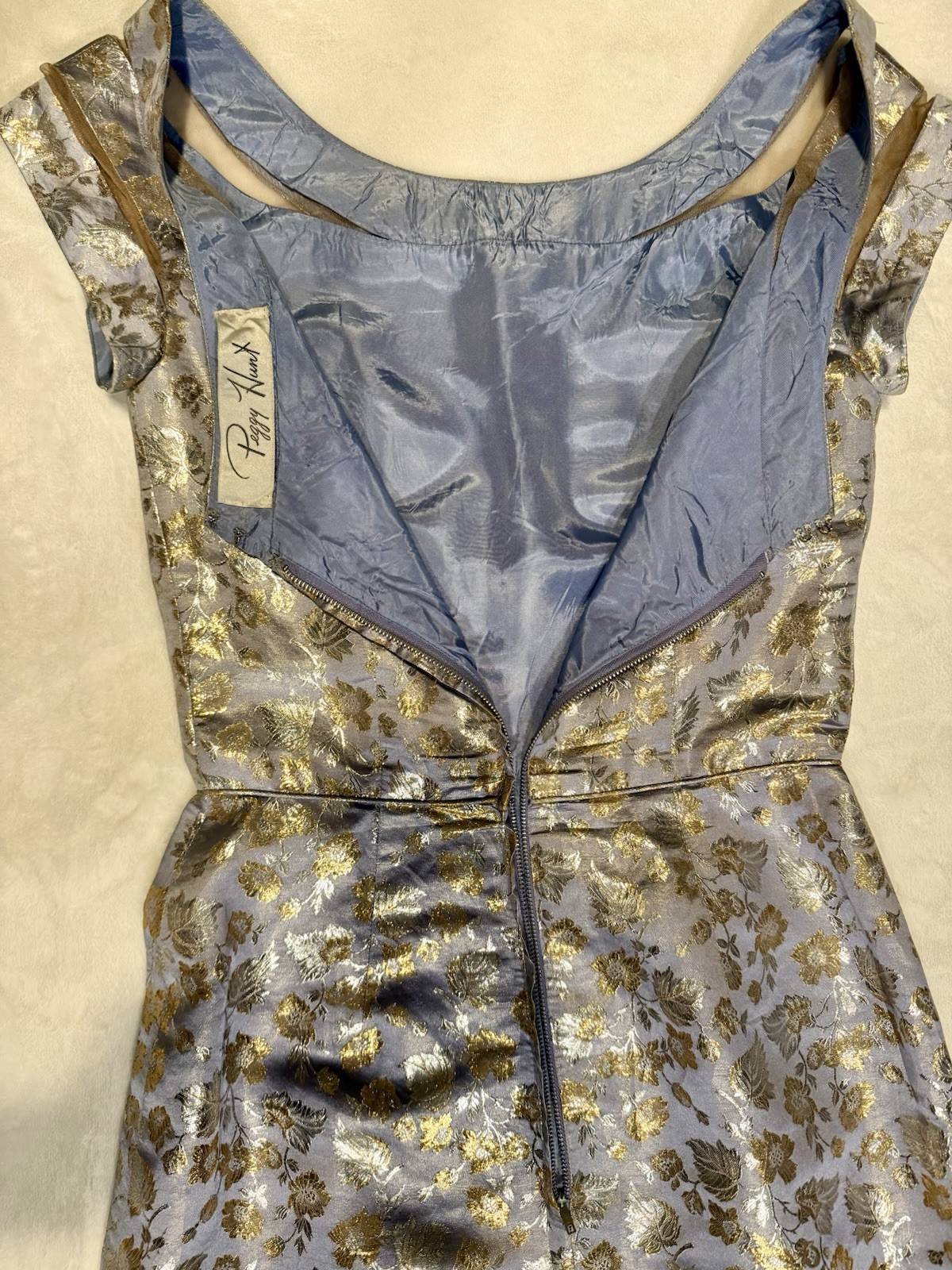 Vintage 1960s Peggy Hunt Silk Brocade Cocktail Dress 26” Waist Gold Floral