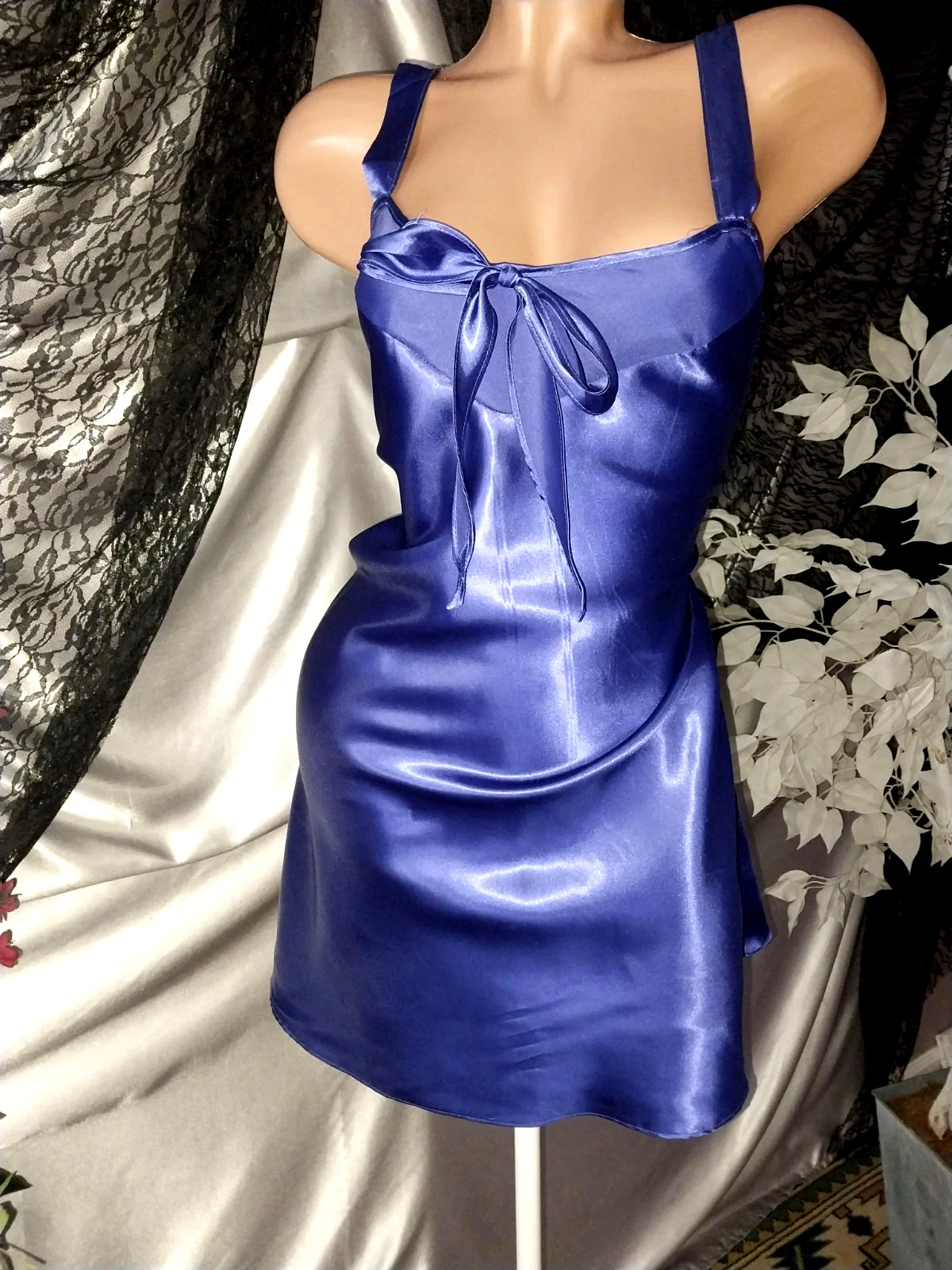 VTG SATIN SHINY PURPLE KITTY KAT BOW NECK BABYDOLL NIGHTIE GOWN NIGHTGOWN M