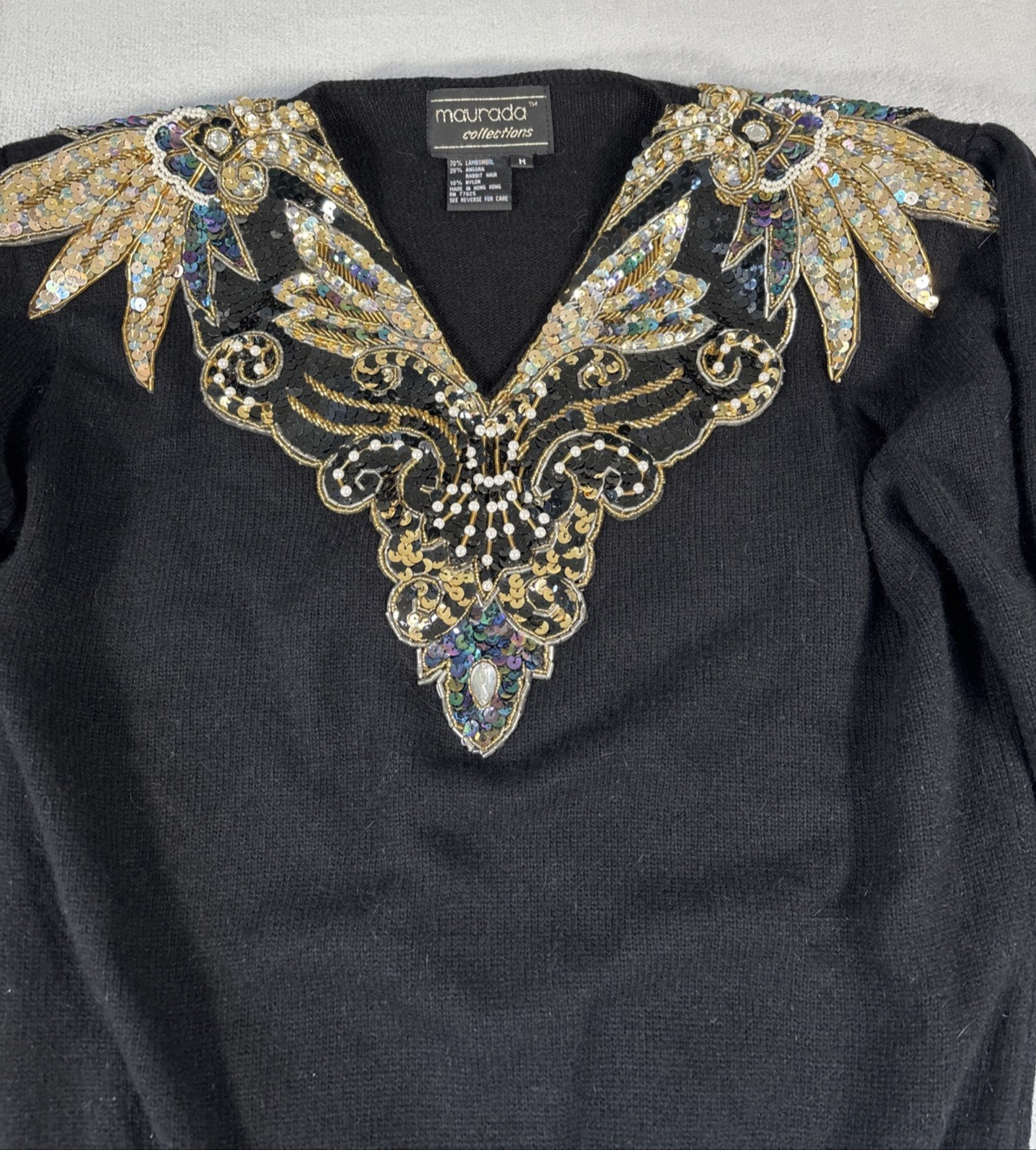 Vintage Angora Lambswool Sweater Womens M Black Gold Sequin Beaded 80s Glam
