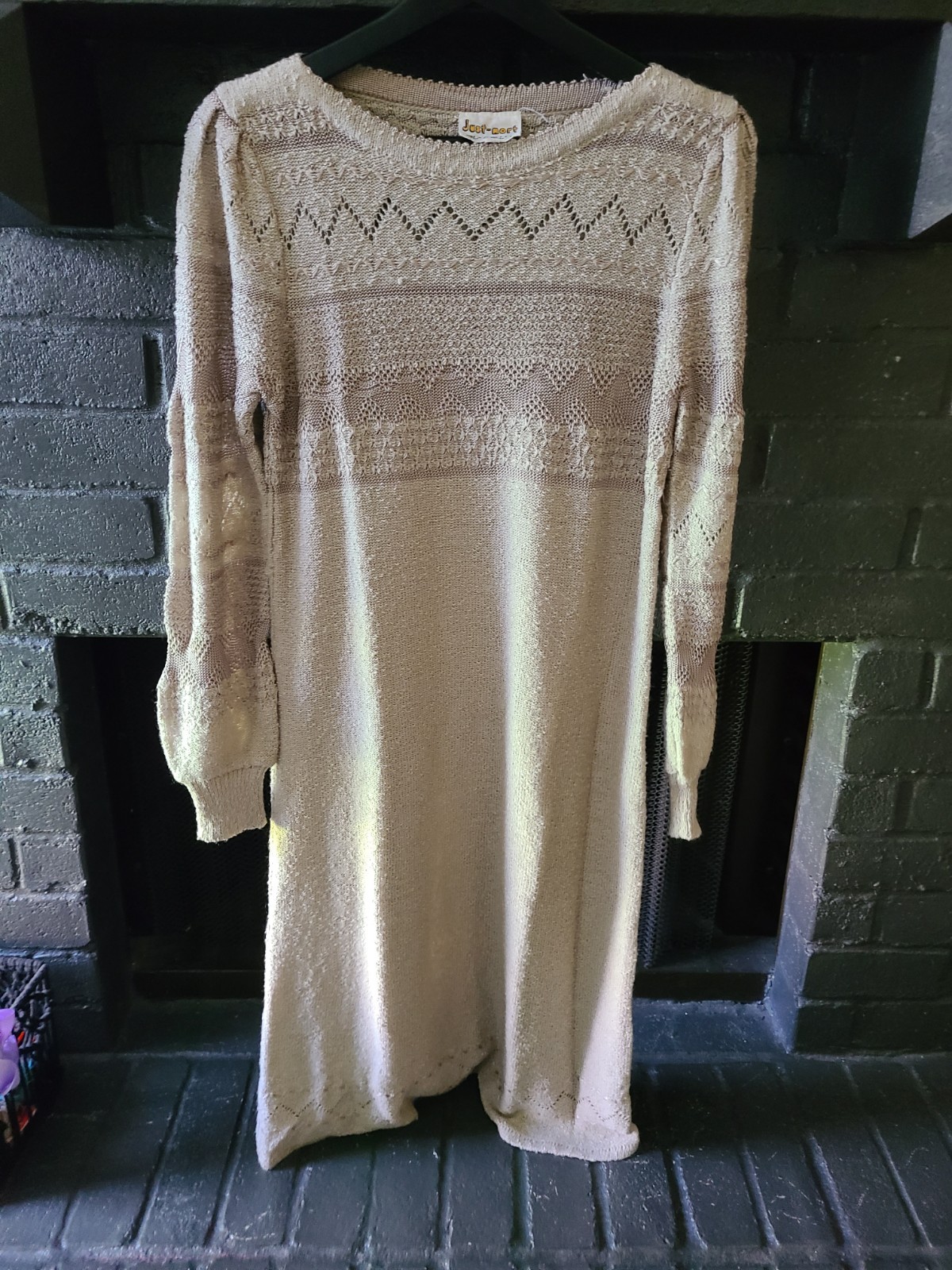 VTG 70’S-80’S JUST MORT TAN-STONE TEXTURED CROCHET KNIT SWEATER Dress MEDIUM