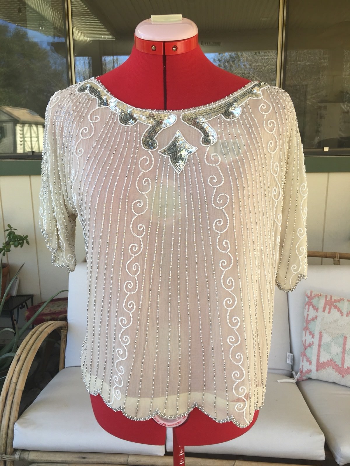 Vintage Sho max Beaded 100% Silk White Beige Womens Shirt Silver Shiny Med