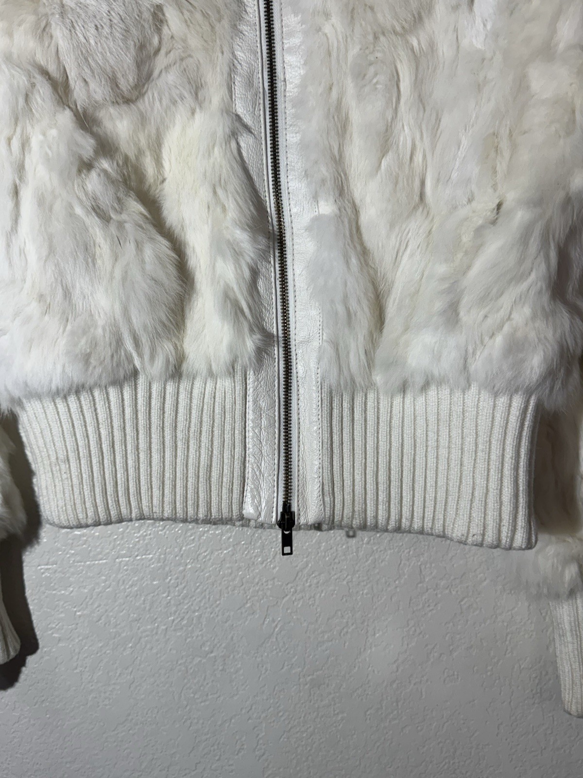 BRODY Real Rabbit Fur Jacket Womens L White Cream Y2K Cropped Bomber Vintage