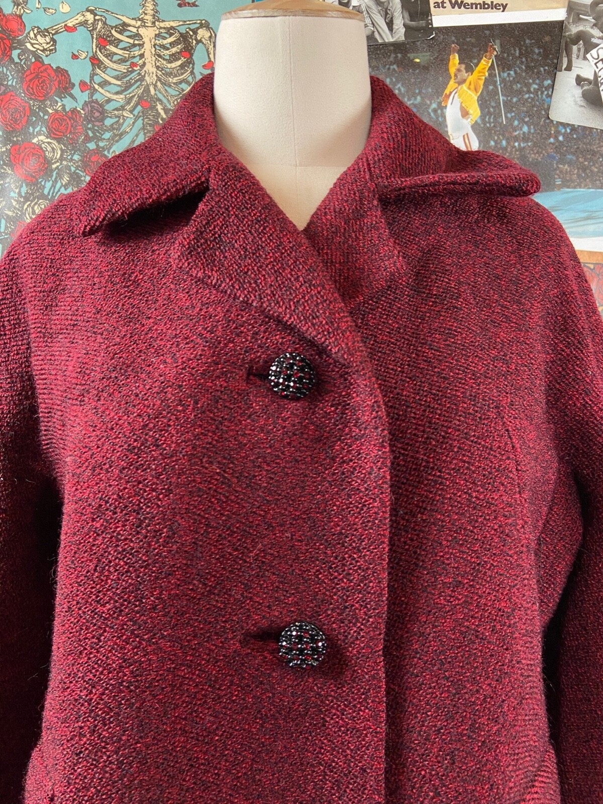 Vtg Womens 60s Red Black Single Breasted Bromleigh Wool Car Coat