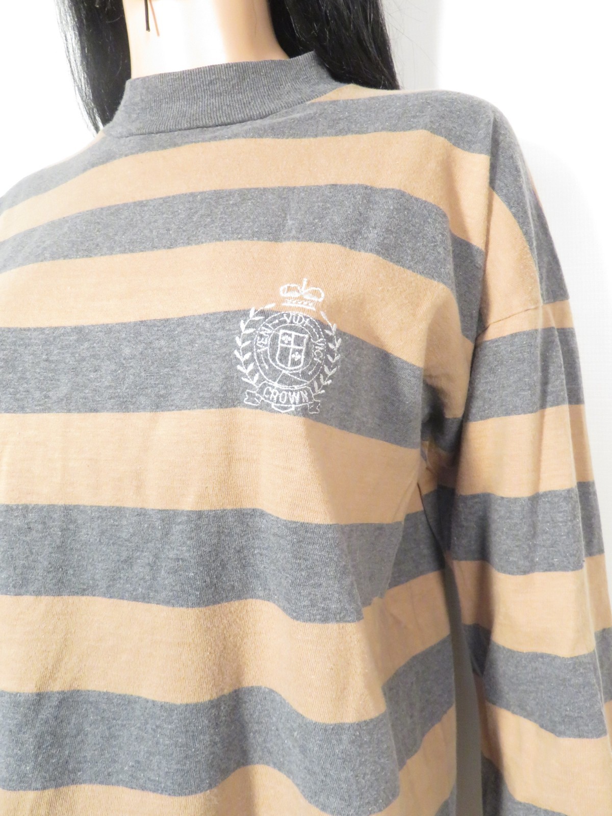 Vintage 80s/90s Gray And Khaki Striped Cotton Tshirt With Crest Logo Made In USA